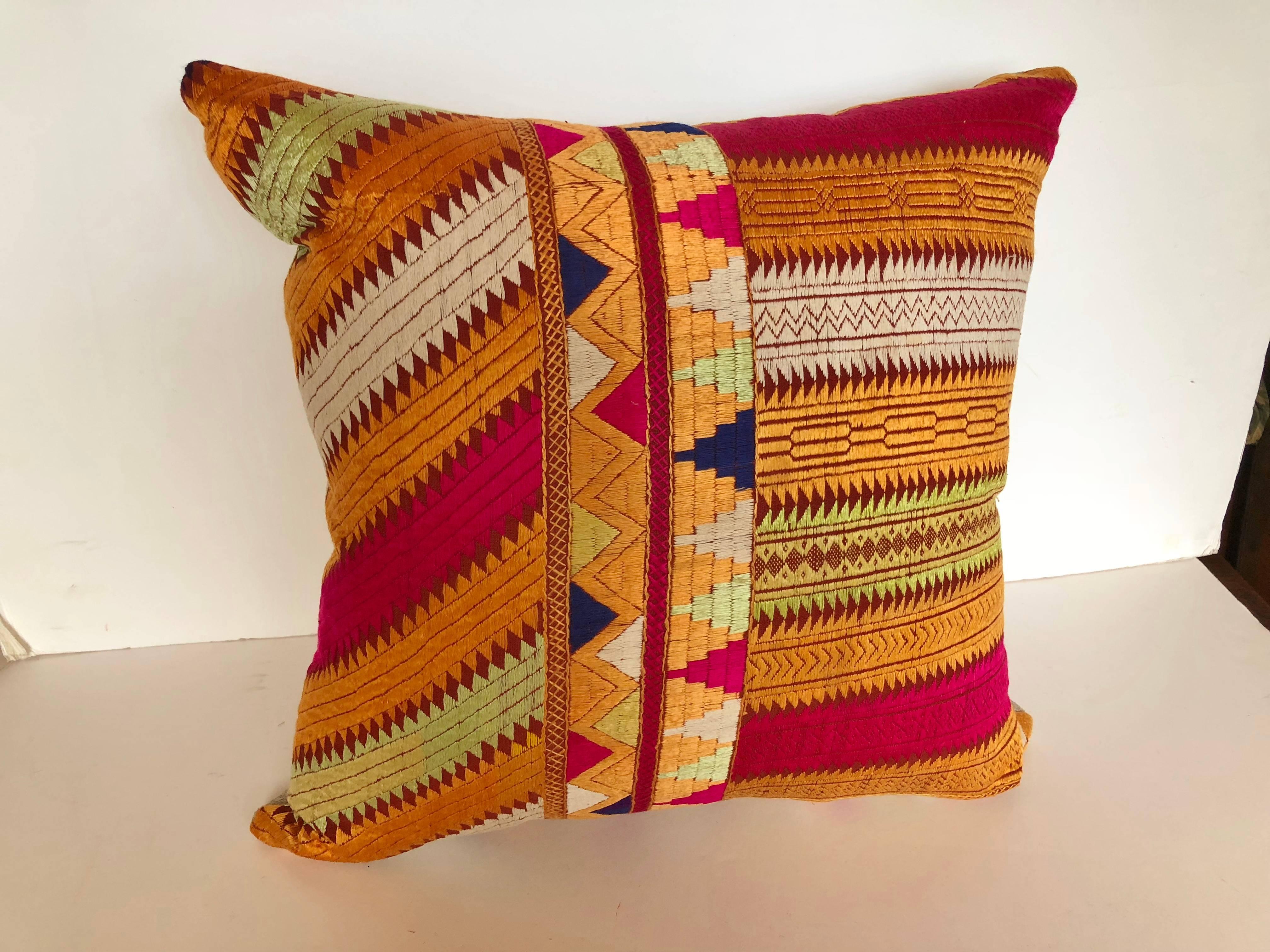 Custom Pillow by Maison Suzanne Cut from a Vintage Silk Embroidered Phulkari  For Sale 2