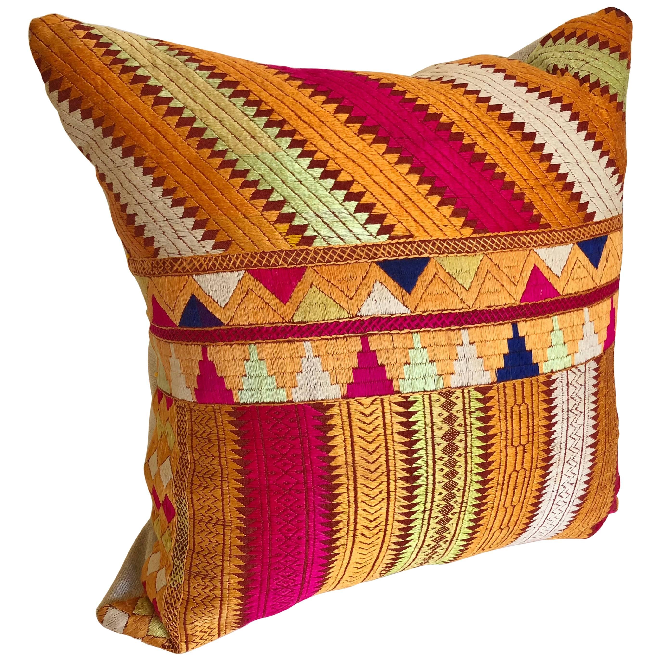 Custom Pillow by Maison Suzanne Cut from a Vintage Silk Embroidered Phulkari  For Sale