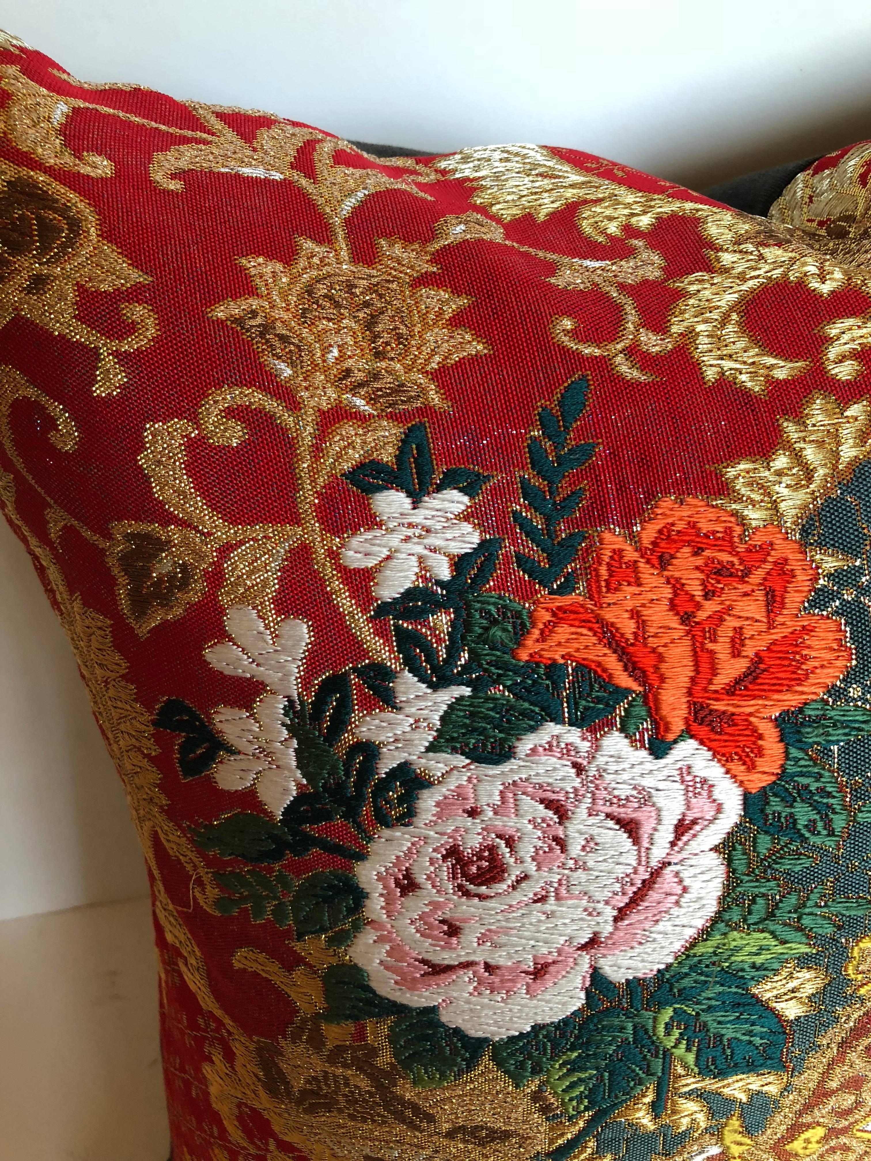 Custom pillow cut from a vintage silk Japanese Uchikake, the traditional wedding kimono. Japanese silk textiles were woven in 14