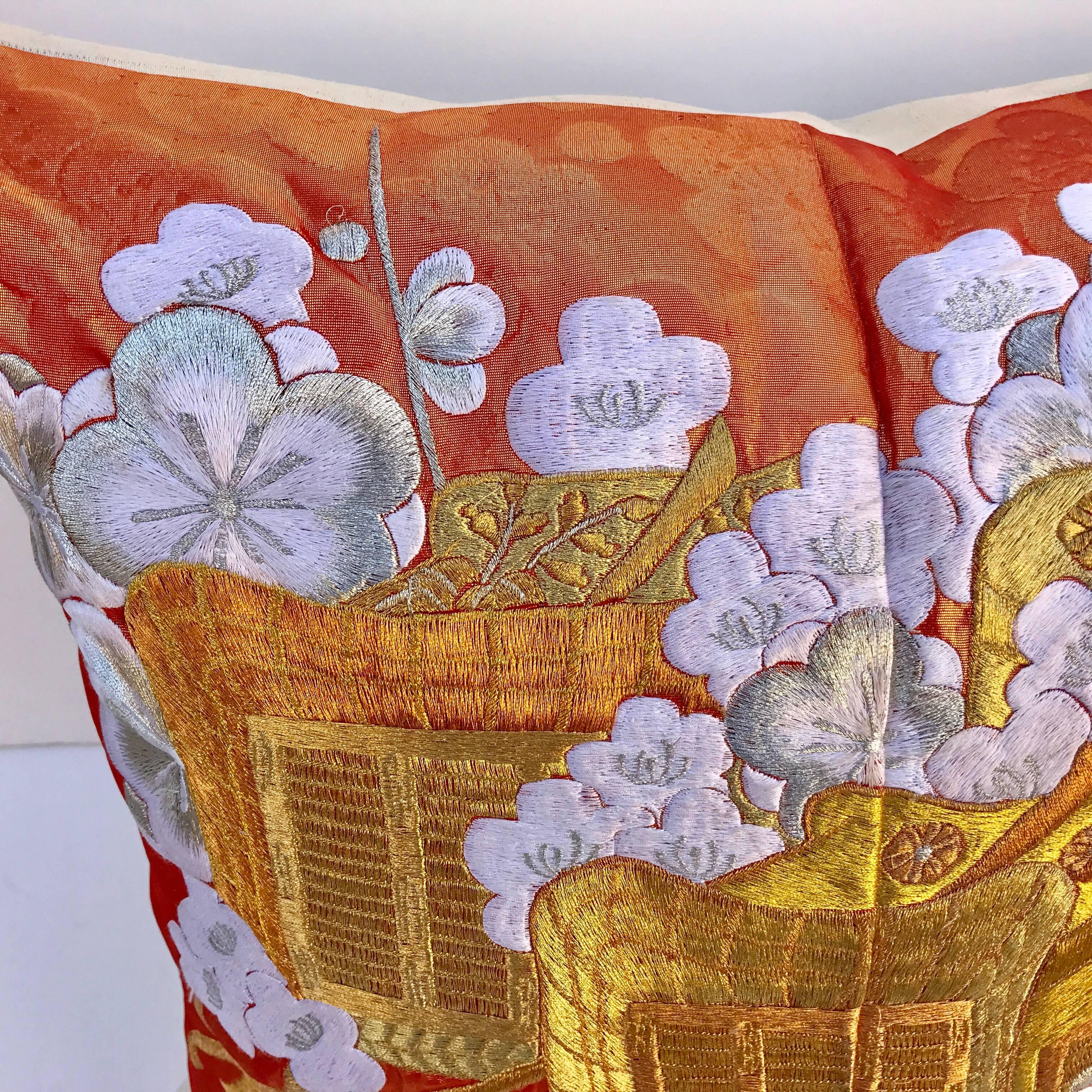 Embroidered Custom Pillow Cut from a Vintage Silk Japanese Uchikake Wedding Kimono