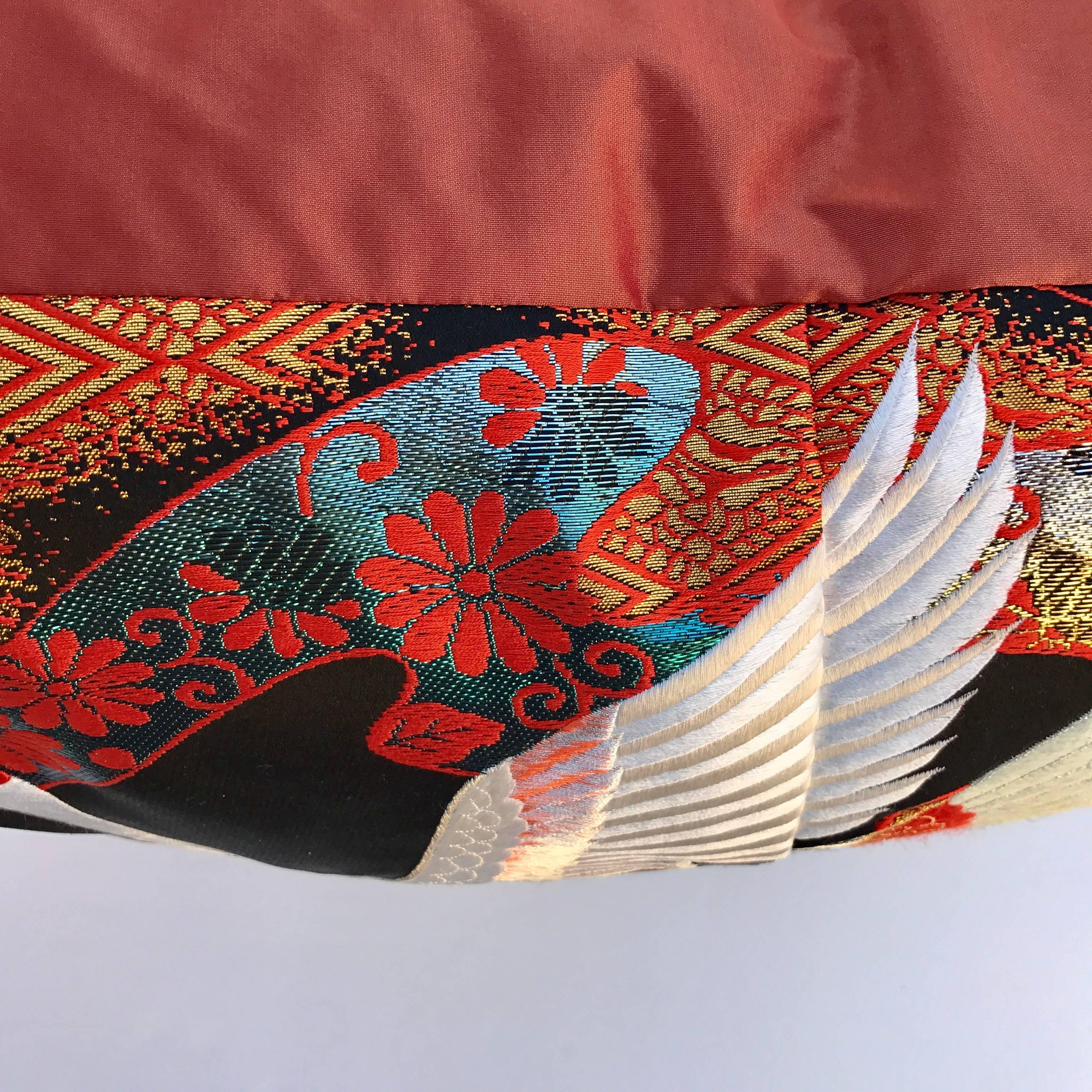 Custom Pillow Cut from a Vintage Silk Japanese Uchikake Wedding Kimono In Excellent Condition For Sale In Glen Ellyn, IL