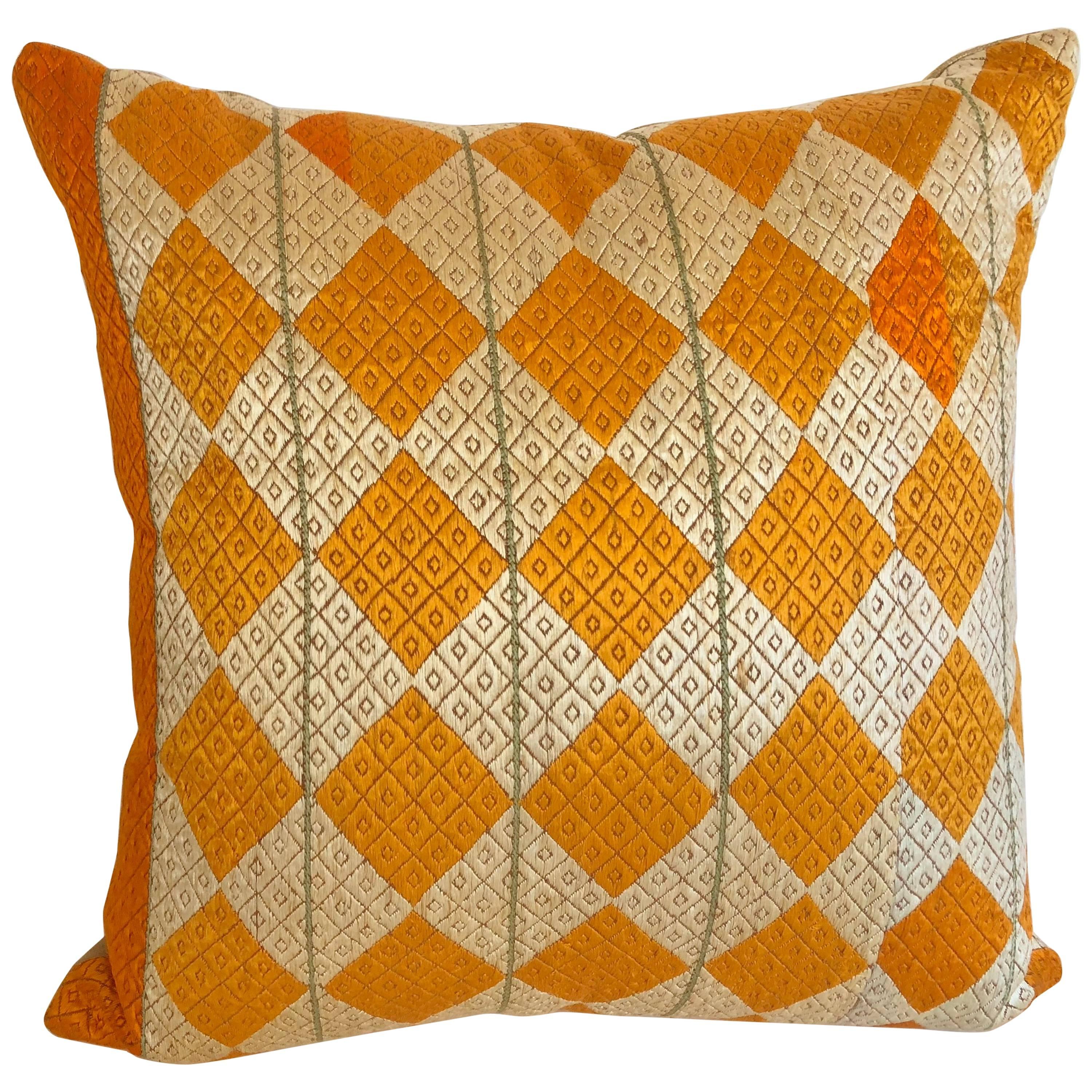 Custom Pillow Cut from a Vintage Silk Phulkari Bagh Wedding Shawl, Punjab, India