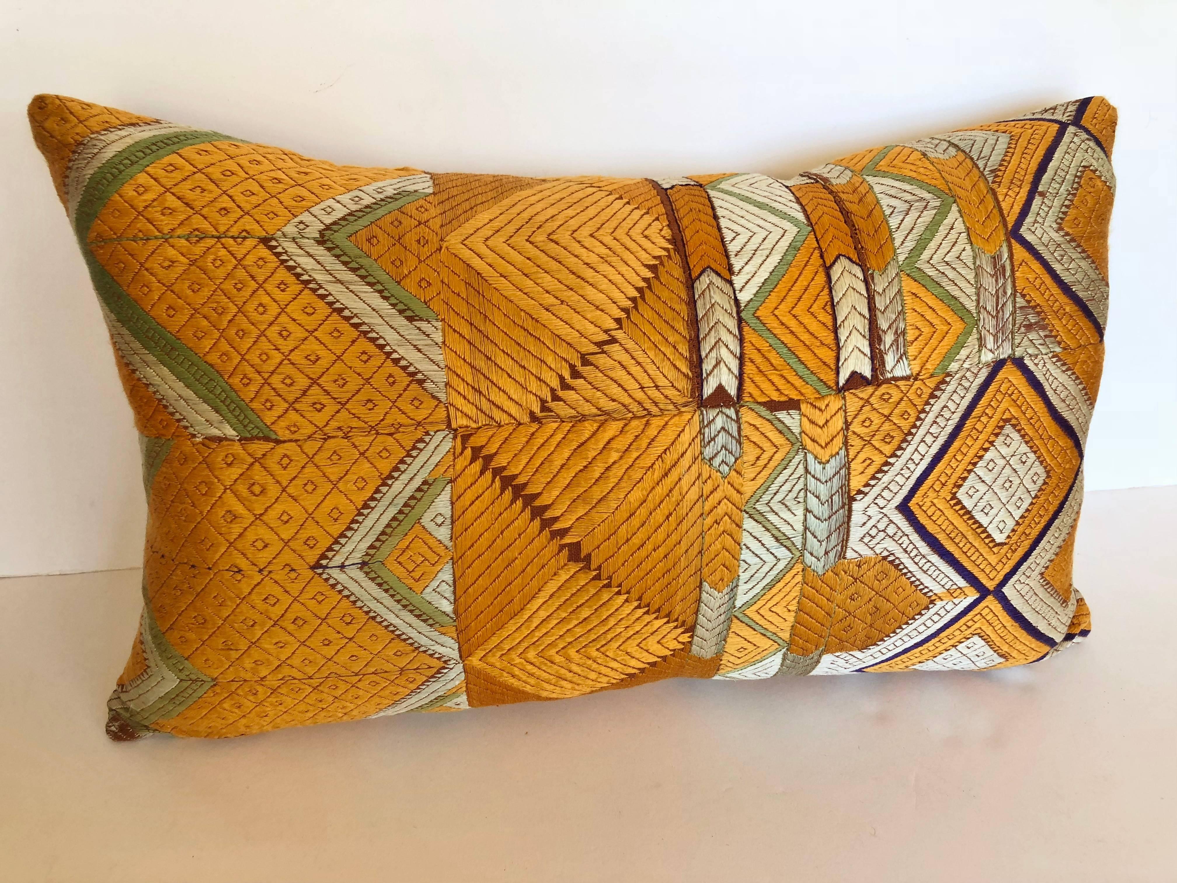Custom Pillow Cut from a Vintage Silk Phulkari Bagh Wedding Shawl, Punjab, India In Good Condition For Sale In Glen Ellyn, IL