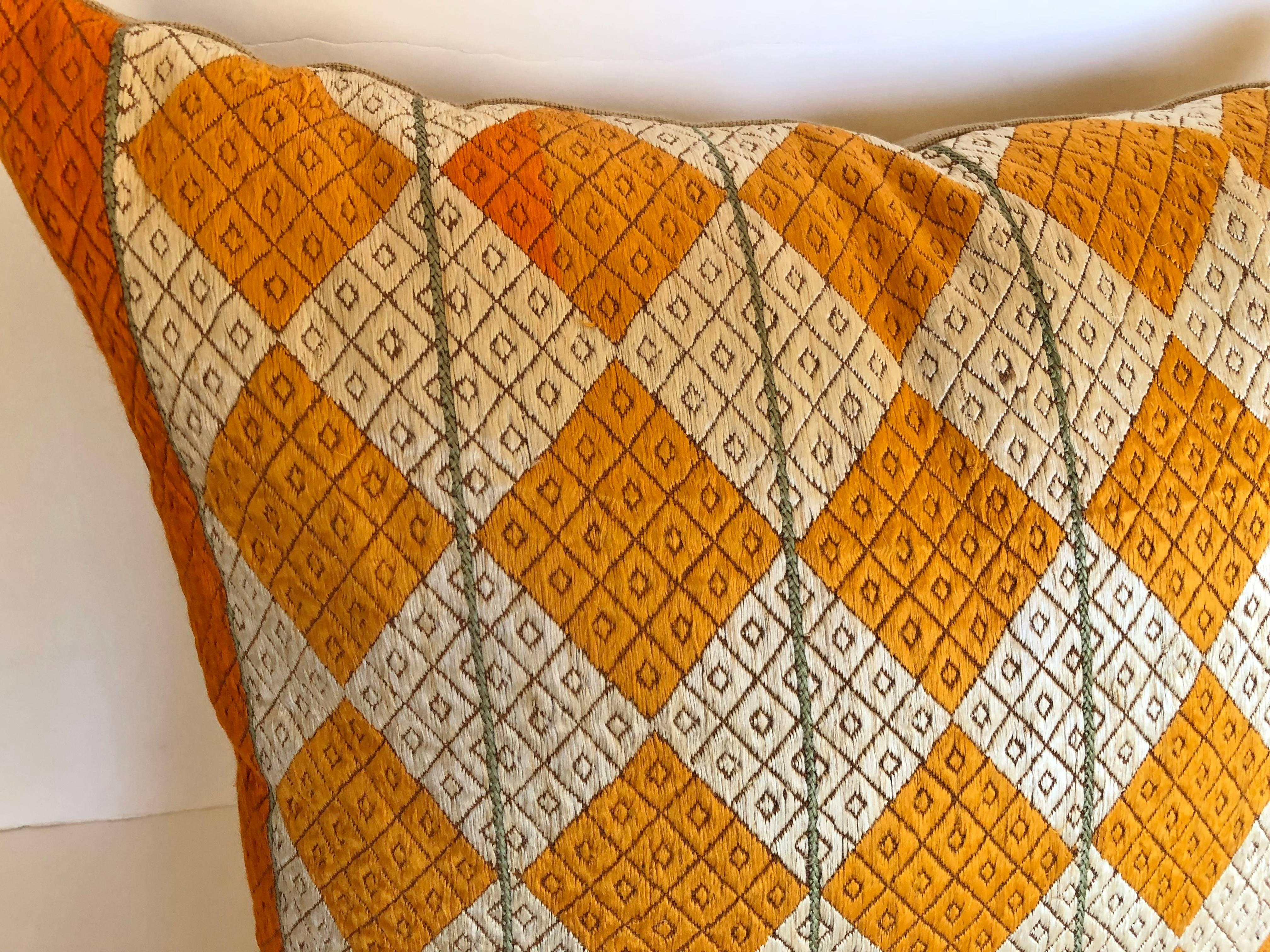 Embroidered Custom Pillow Cut from a Vintage Silk Phulkari Bagh Wedding Shawl, Punjab, India