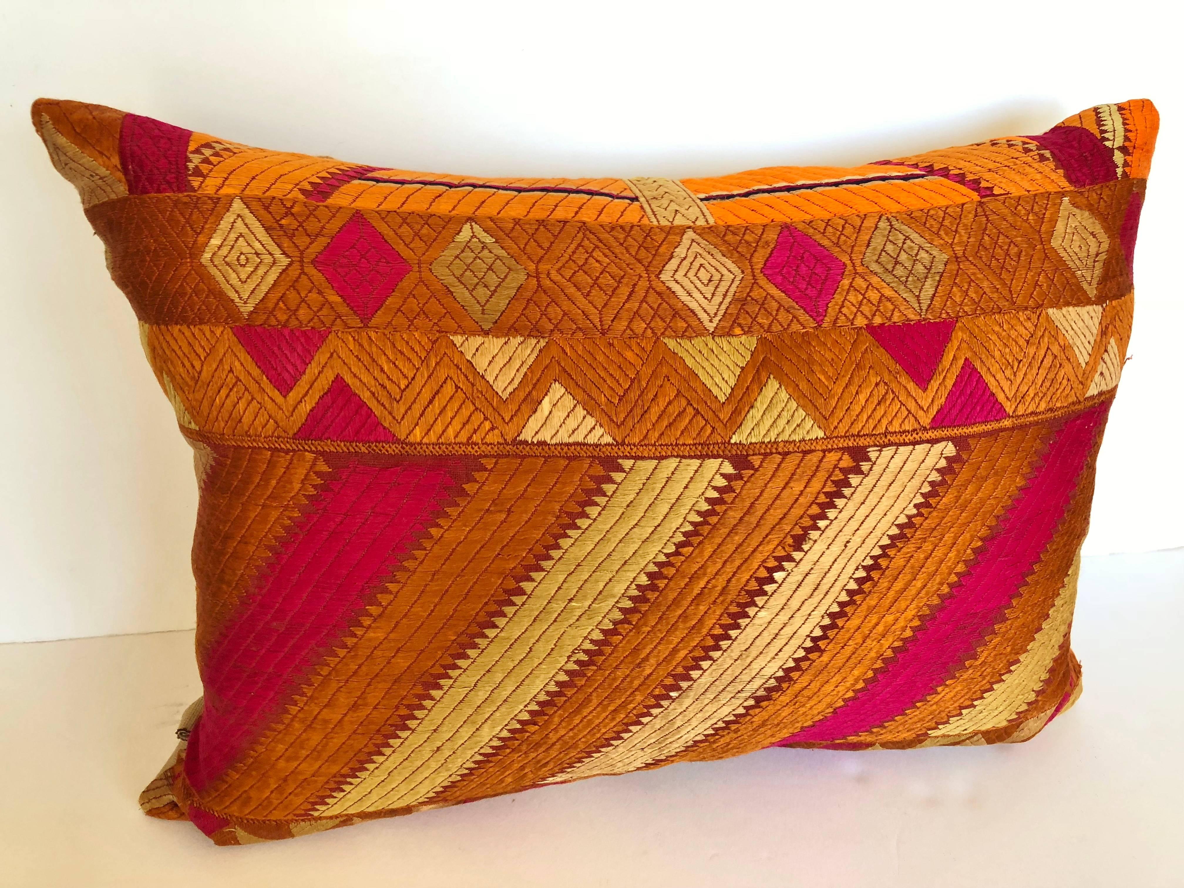 Indian Custom Pillow Cut from a Vintage Silk Phulkari Bagh Wedding Shawl, Punjab, India