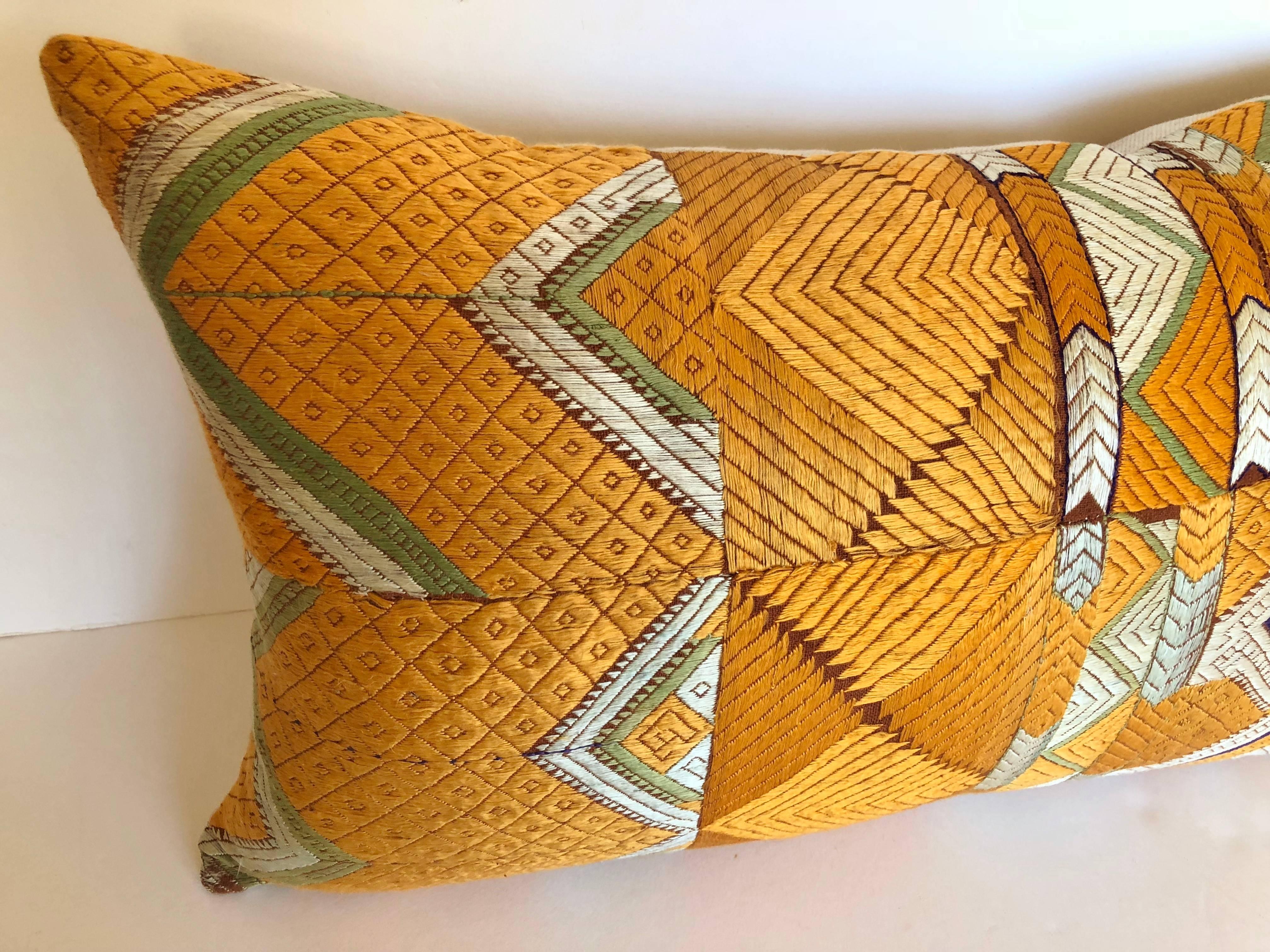 20th Century Custom Pillow Cut from a Vintage Silk Phulkari Bagh Wedding Shawl, Punjab, India For Sale