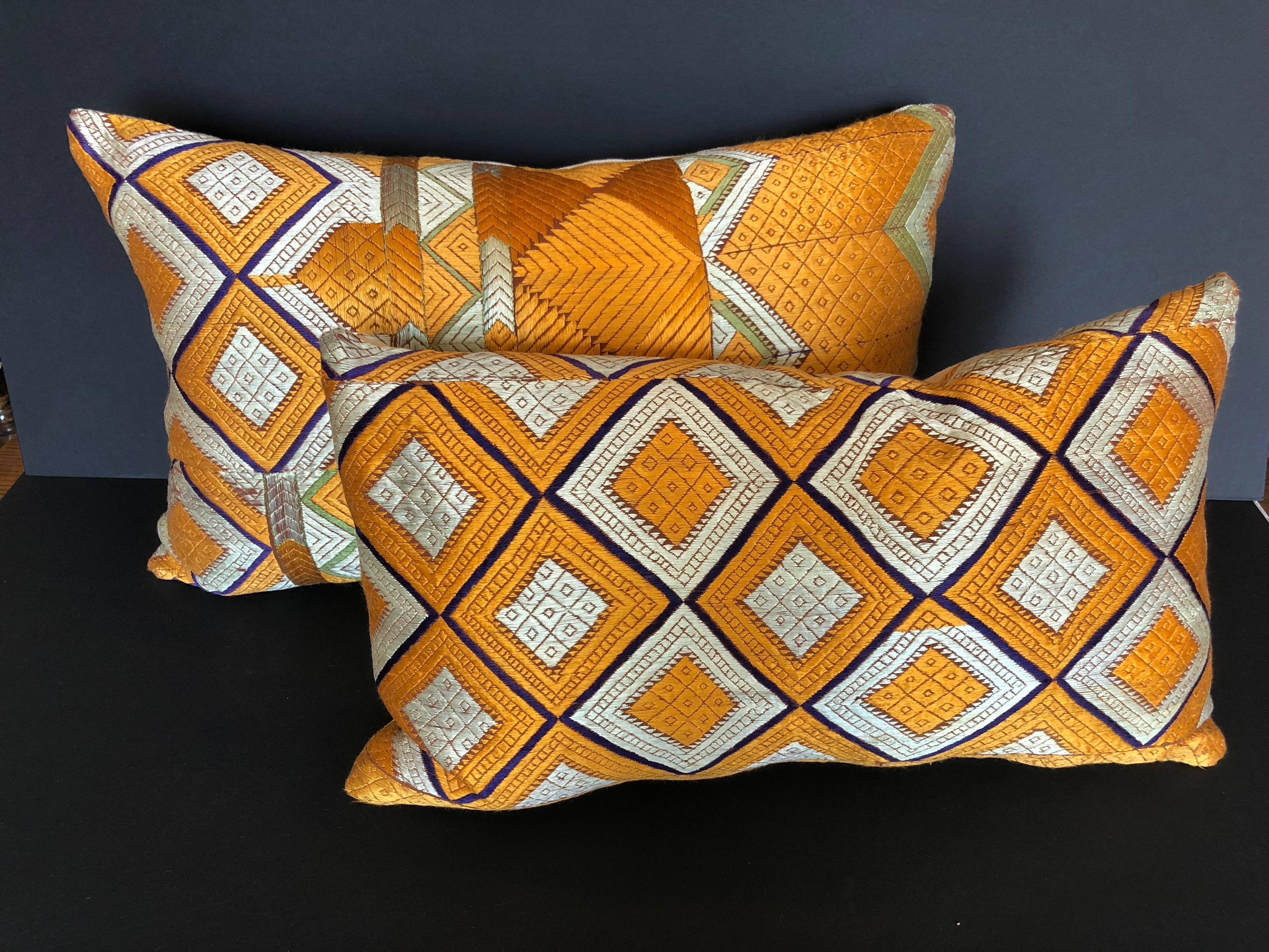 Indian Custom Pillow Cut from a Vintage Silk Phulkari Bagh Wedding Shawl, Punjab, India For Sale