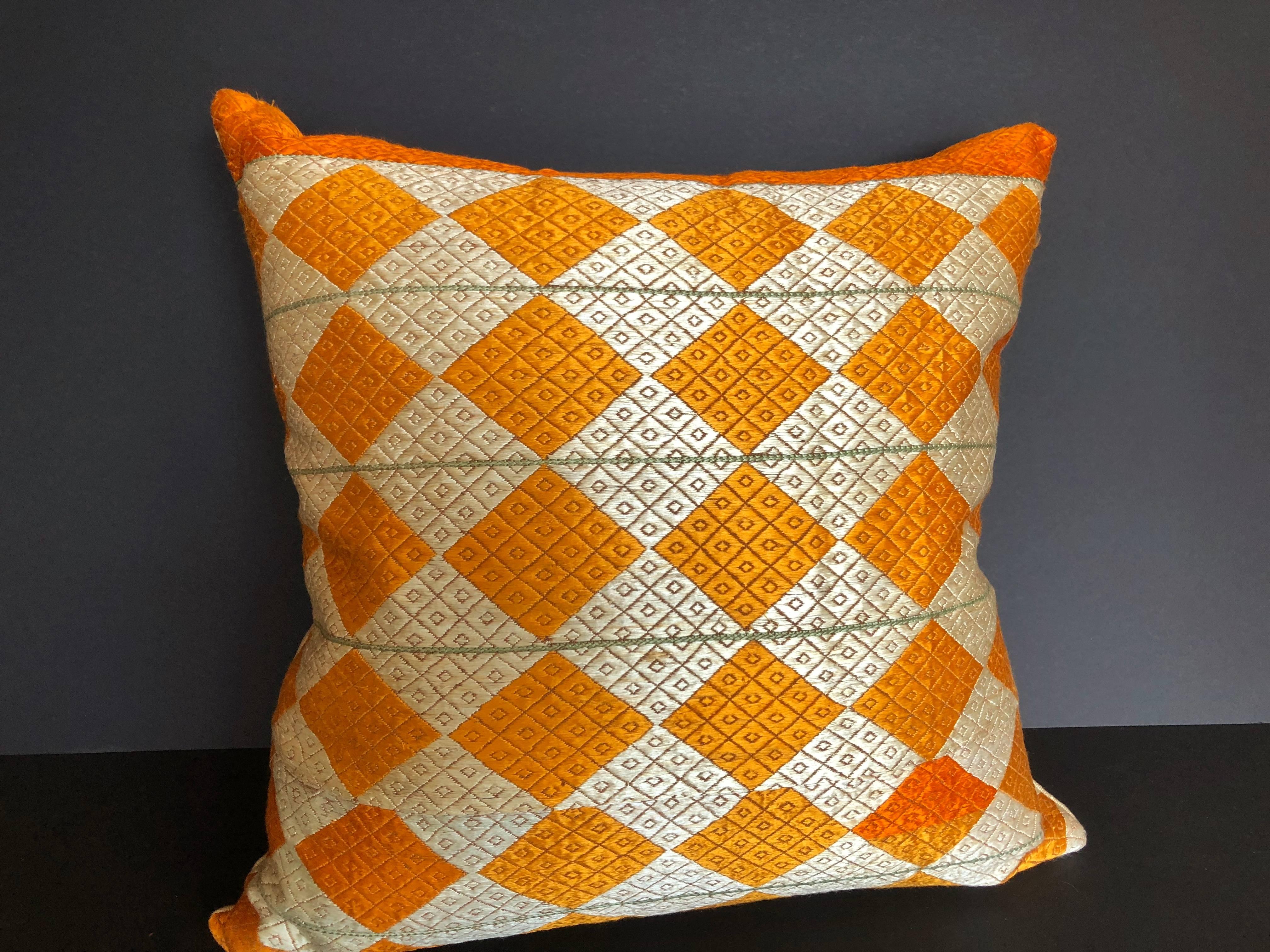 Indian Custom Pillow Cut from a Vintage Silk Phulkari Bagh Wedding Shawl, Punjab, India