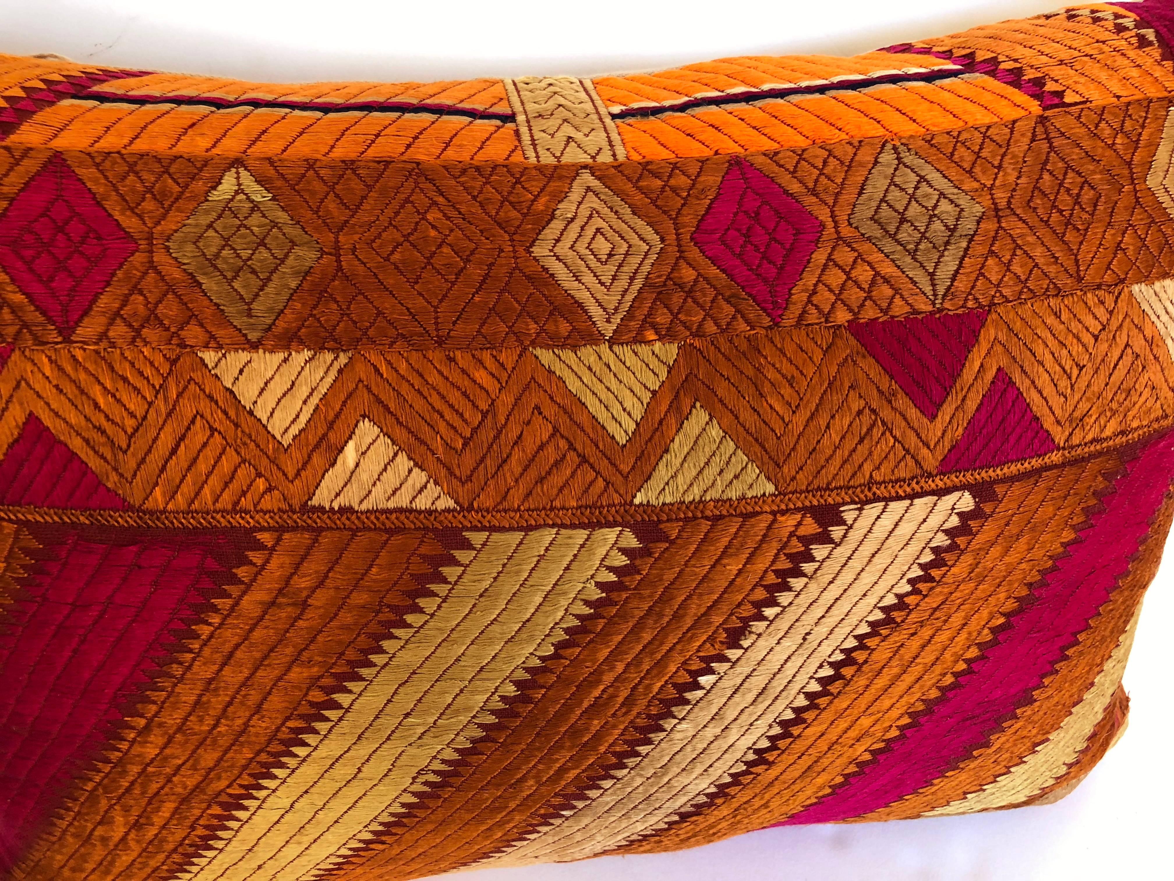 Embroidered Custom Pillow Cut from a Vintage Silk Phulkari Bagh Wedding Shawl, Punjab, India