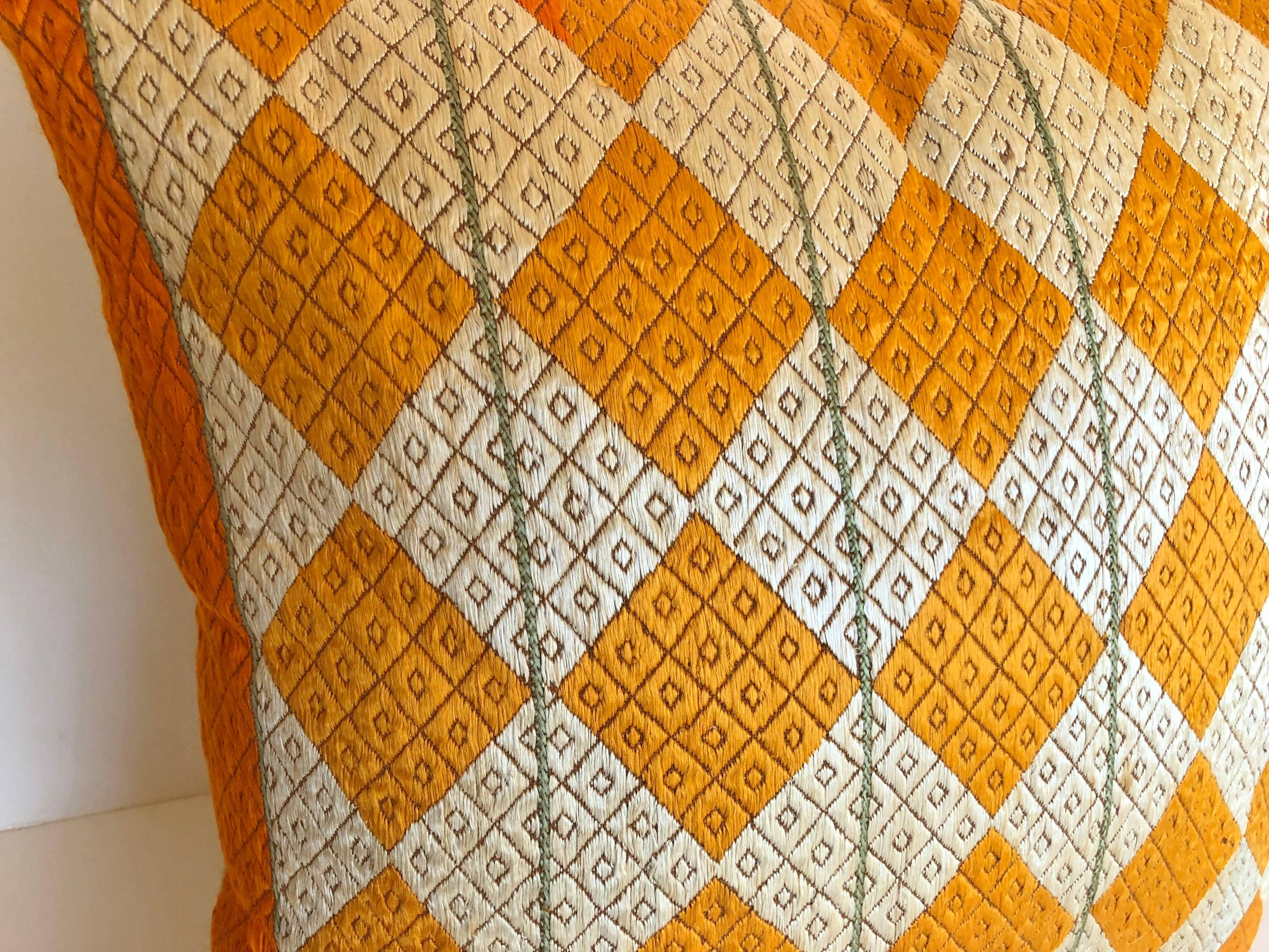 Custom Pillow Cut from a Vintage Silk Phulkari Bagh Wedding Shawl, Punjab, India 1