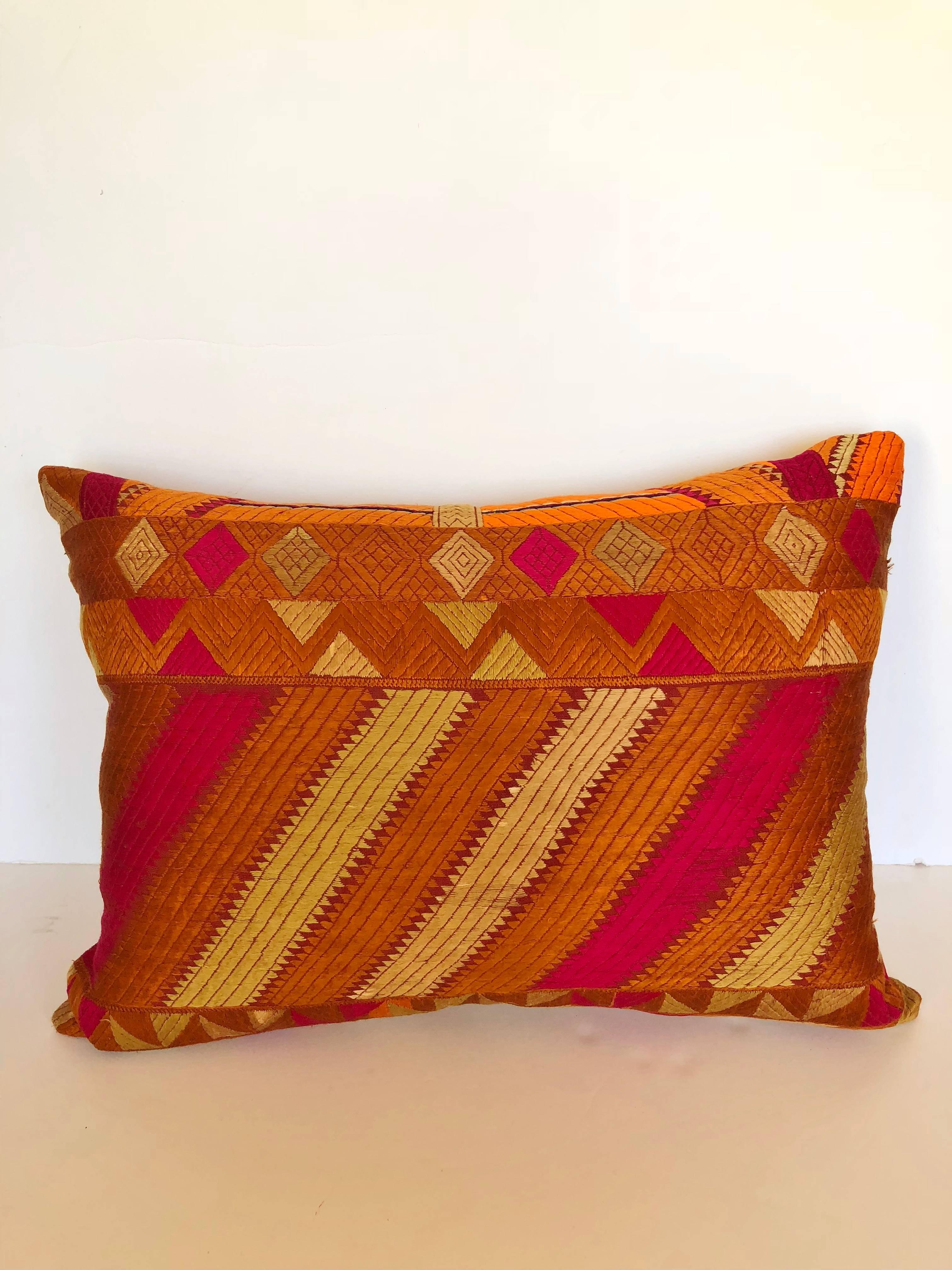 Custom Pillow Cut from a Vintage Silk Phulkari Bagh Wedding Shawl, Punjab, India 3