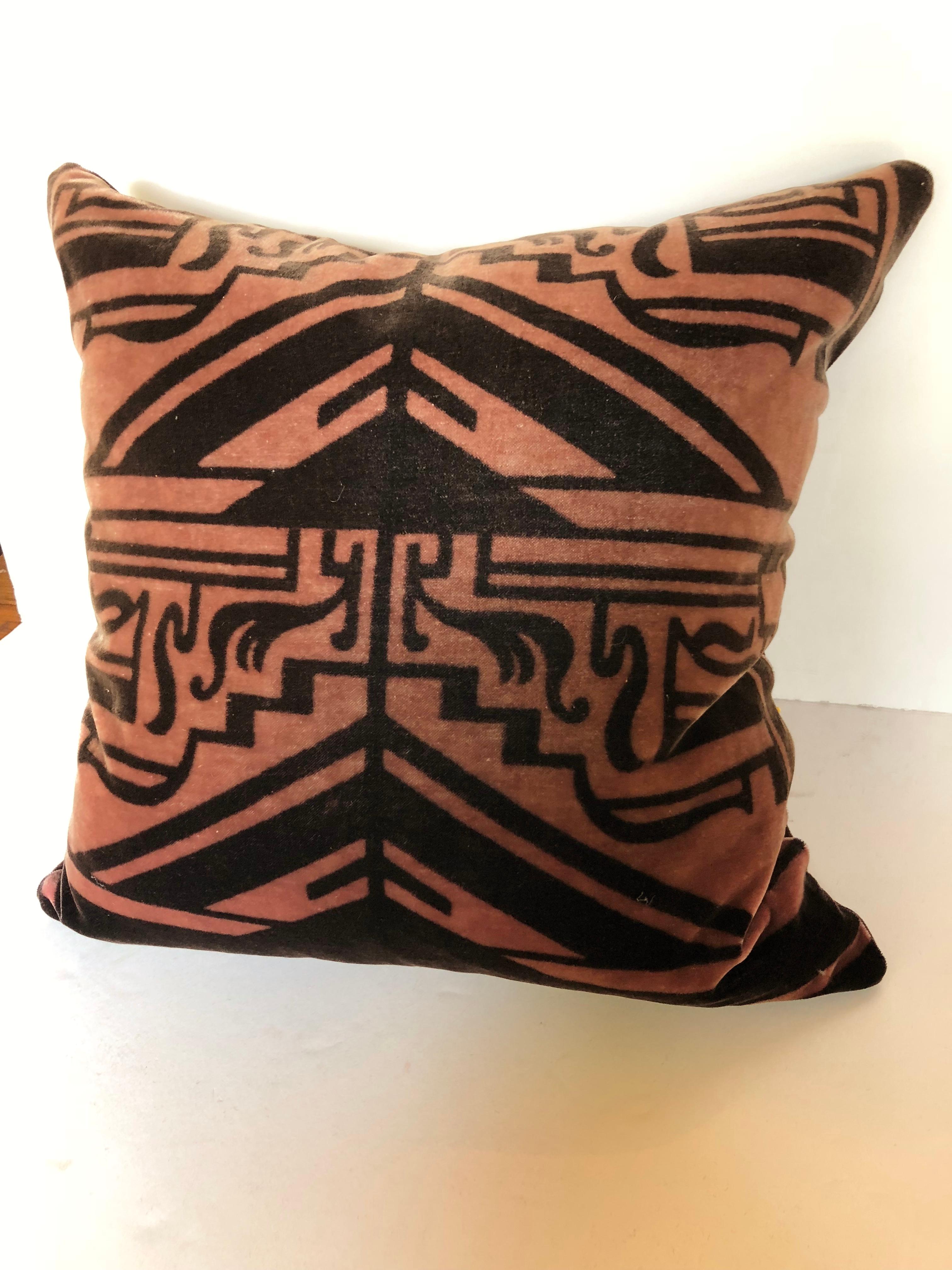 Custom pillow cut from a vintage silk velvet Amsterdam school textile, Netherlands, circa 1915-1927. Silk velvet is hand blocked with an Art Deco design, a very rare textile.
Pillow is backed with dark brown mohair, filled with an insert of 50/50