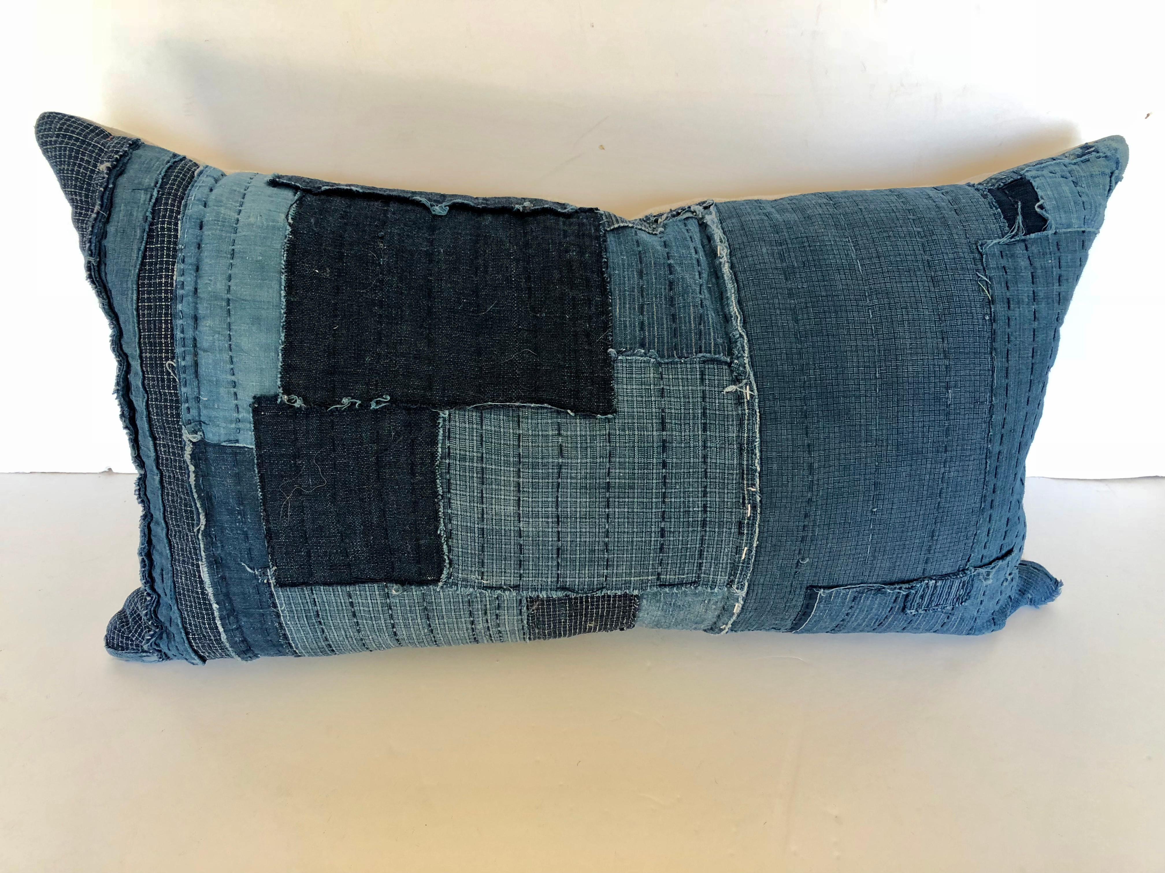 Custom Pillow Cut from an Antique Japanese Cotton Indigo Boro Textile In Distressed Condition For Sale In Glen Ellyn, IL