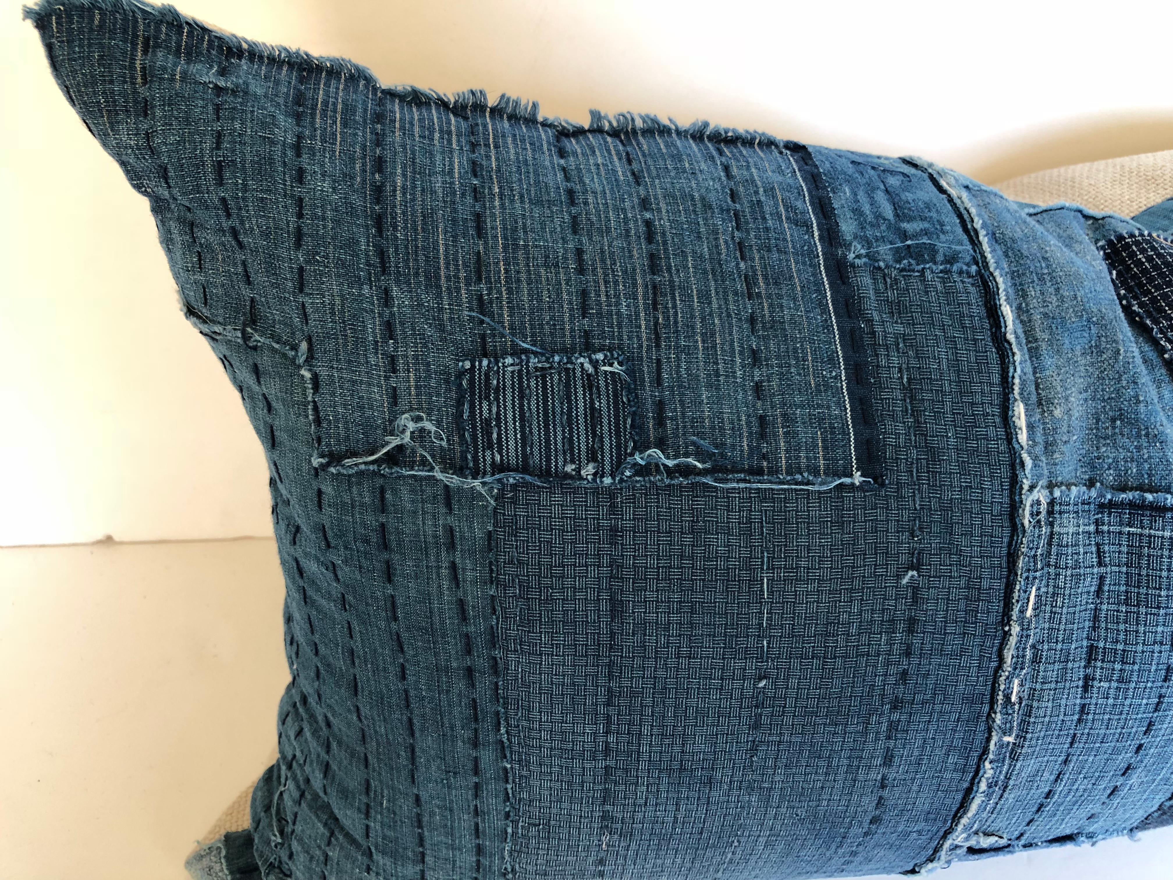 20th Century Custom Pillow Cut from an Antique Japanese Cotton Indigo Boro Textile For Sale