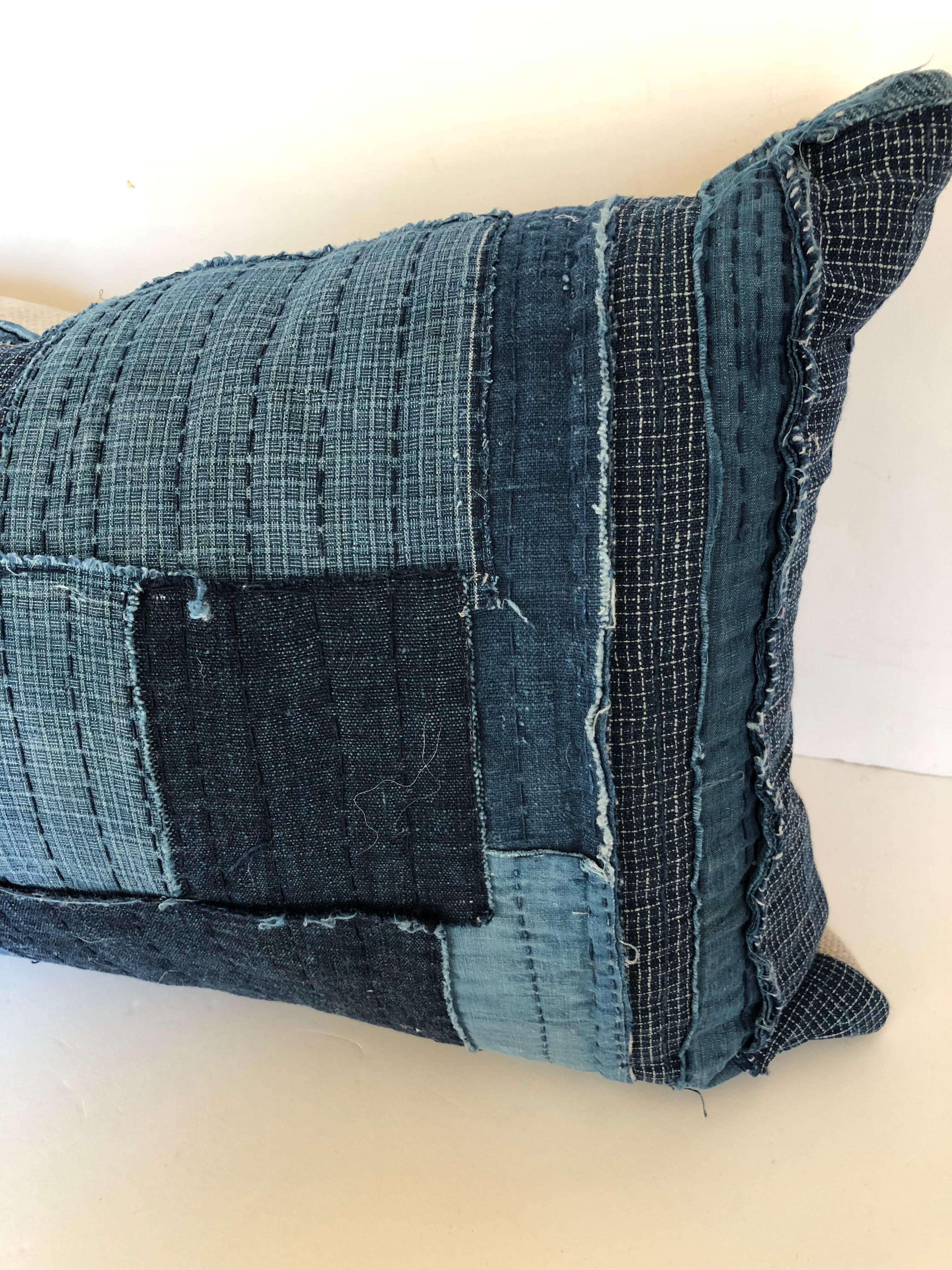 Custom Pillow Cut from an Antique Japanese Cotton Indigo Boro Textile For Sale 1