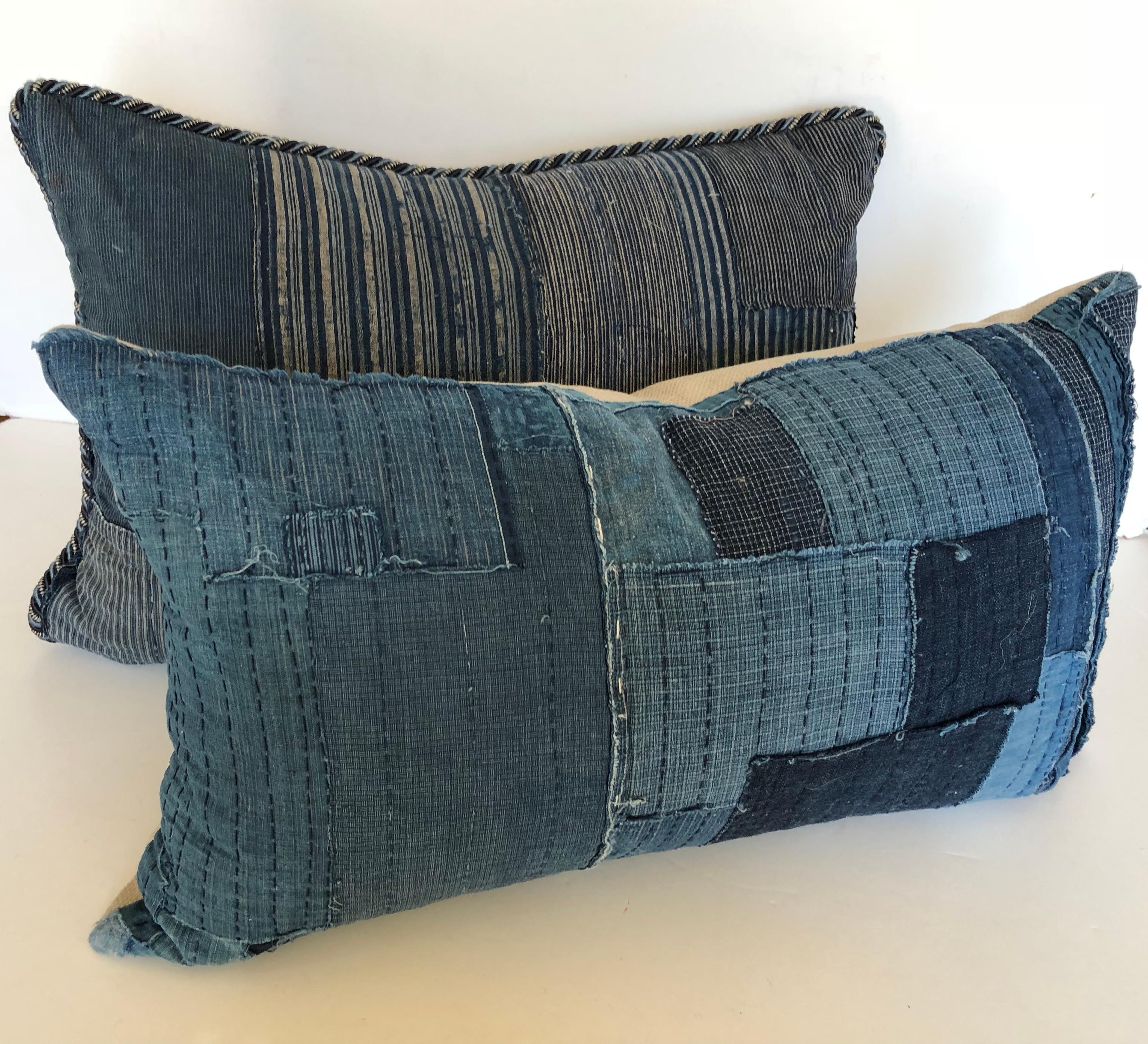 Custom Pillow Cut from an Antique Japanese Cotton Indigo Boro Textile For Sale 2