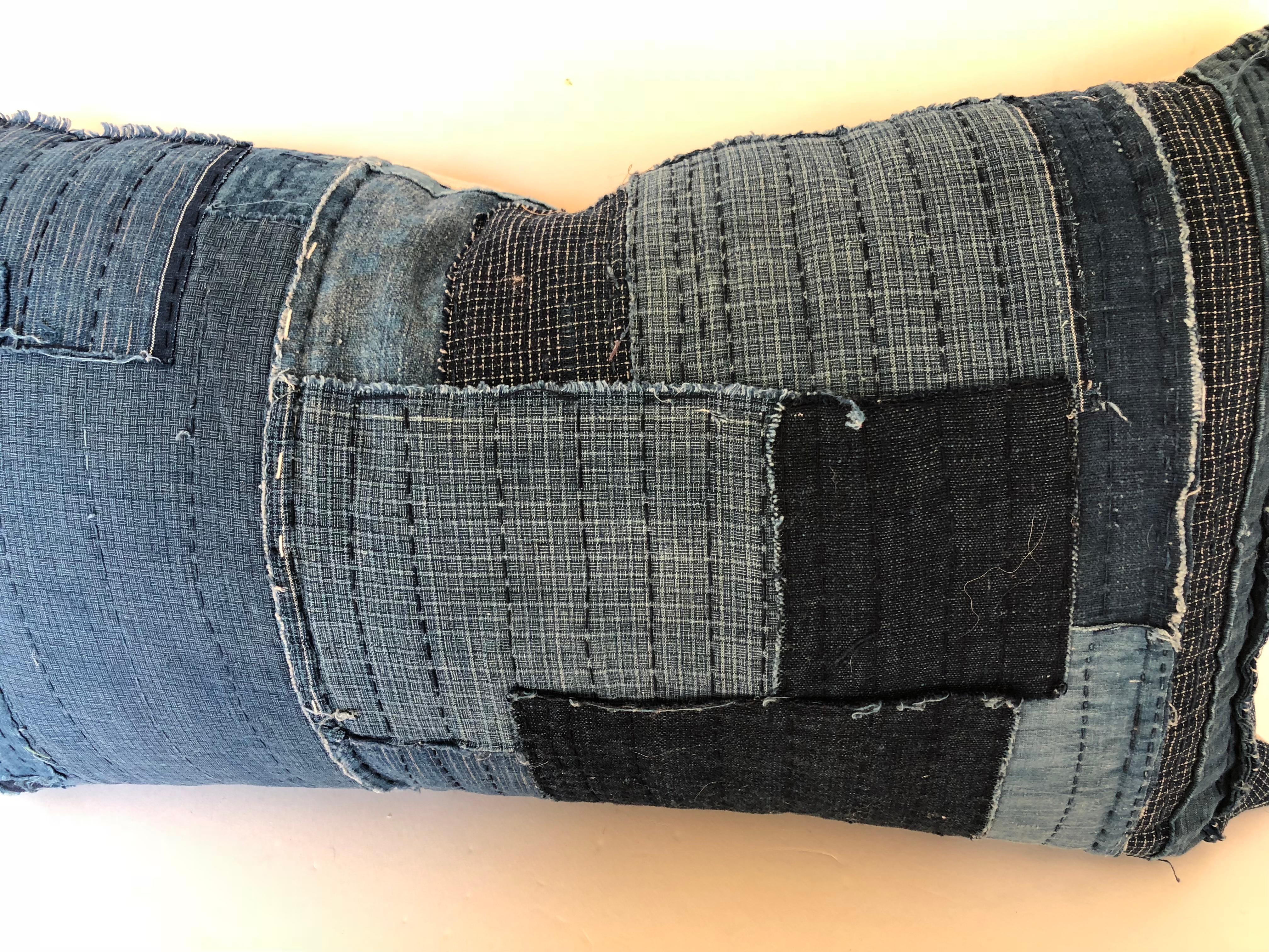 Custom Pillow Cut from an Antique Japanese Cotton Indigo Boro Textile For Sale 3
