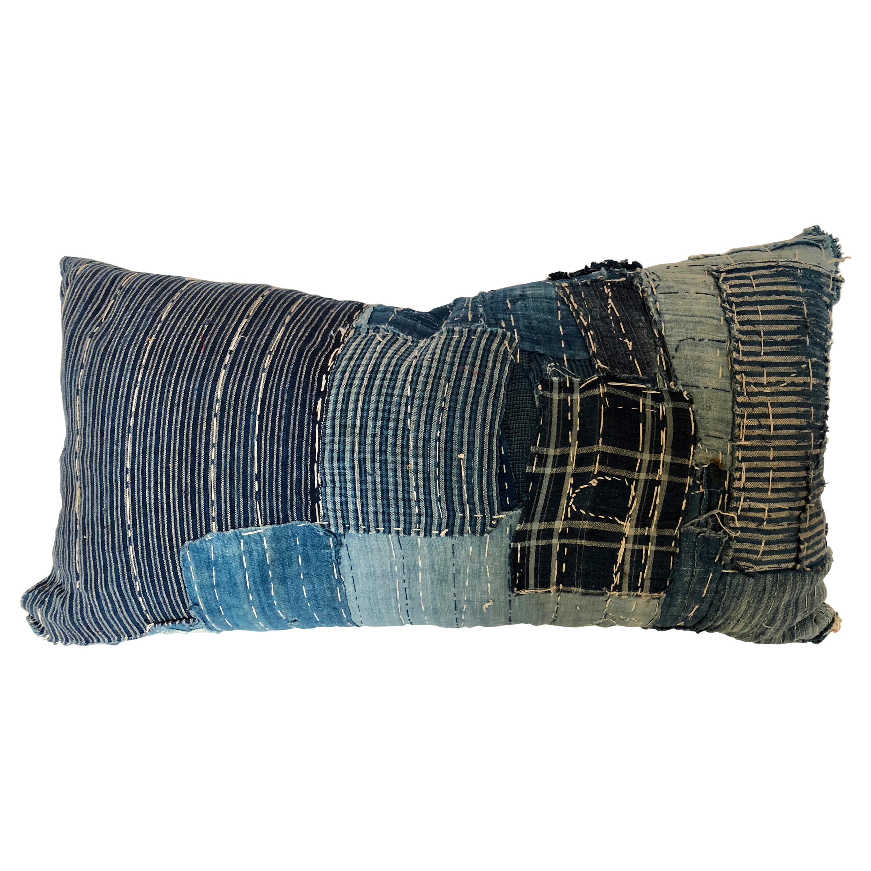 Custom Pillow Cut from an Antique Japanese Cotton Indigo Boro Textile For Sale