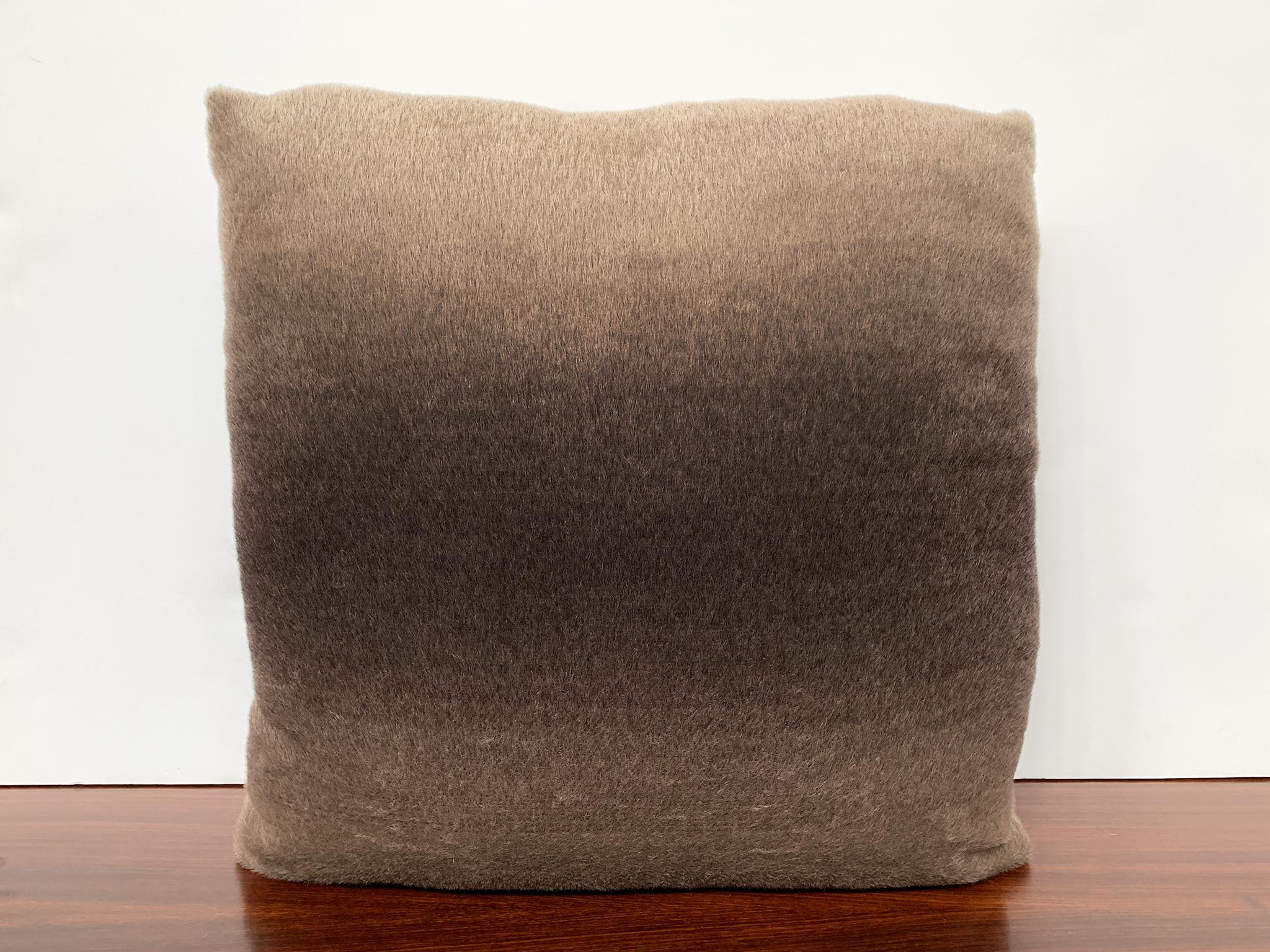 New custom made pillow with mohair velvet from Schumacher. The mohair is smooth and soft. It has a fabulous ombre effect that blends light brown and bronze tints together. Variations in tone are natural to this special fabric. The filling is a