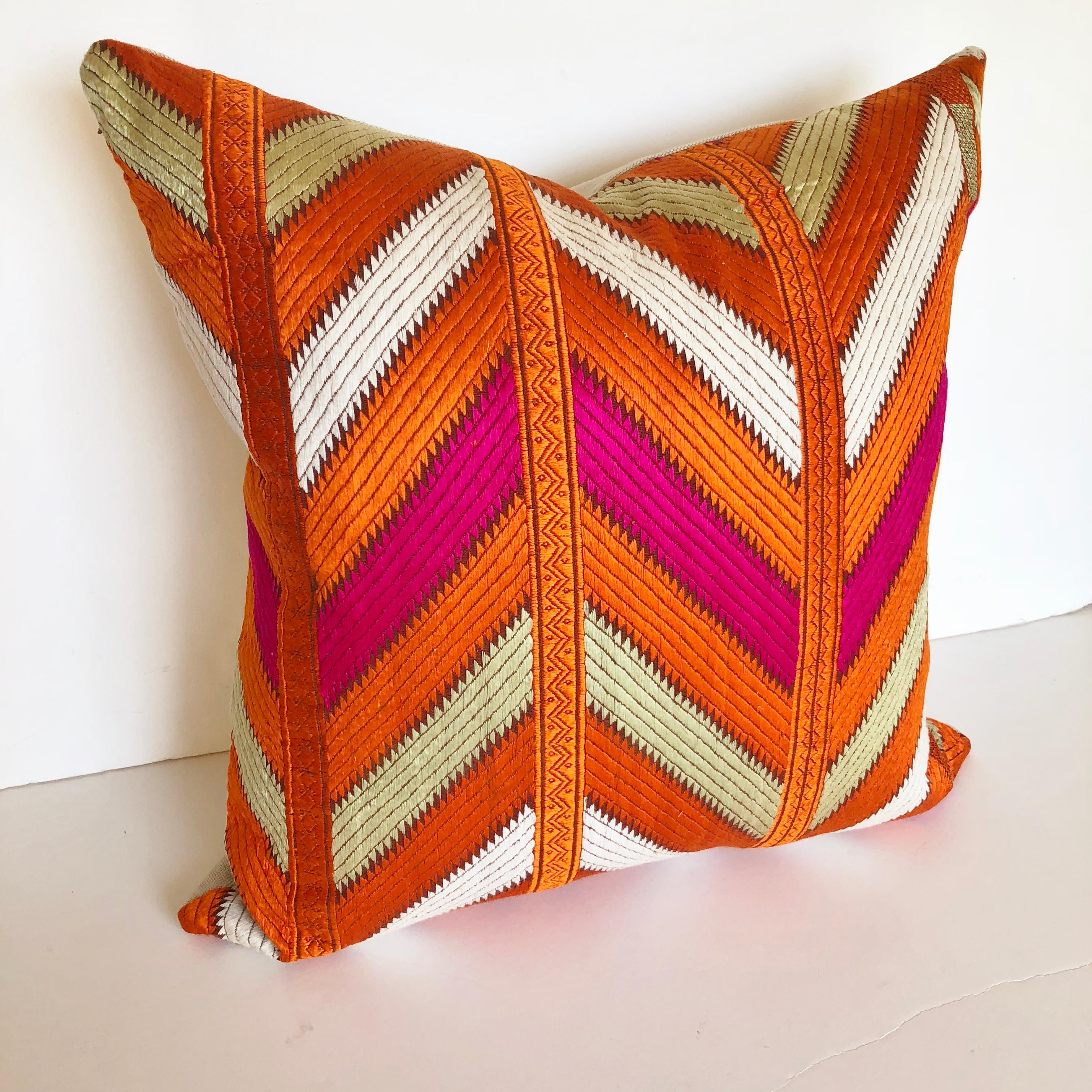 Indian Custom Pillows by Maison Suzanne Cut from a Vintage Phulkari Bagh Wedding Shawl