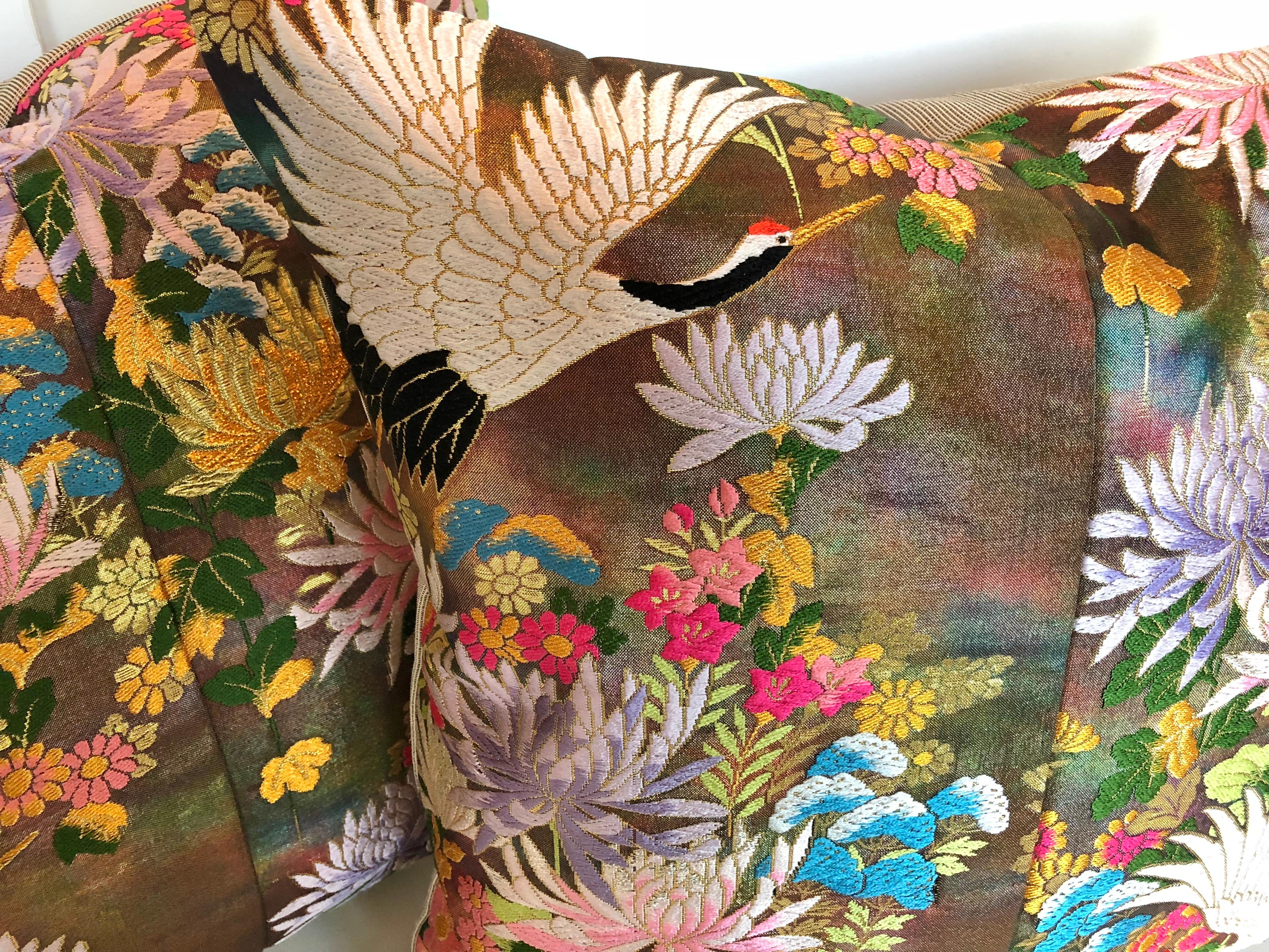 Custom Pillows by Maison Suzanne Cut from a Vintage Silk Japanese Wedding Kimono For Sale 2