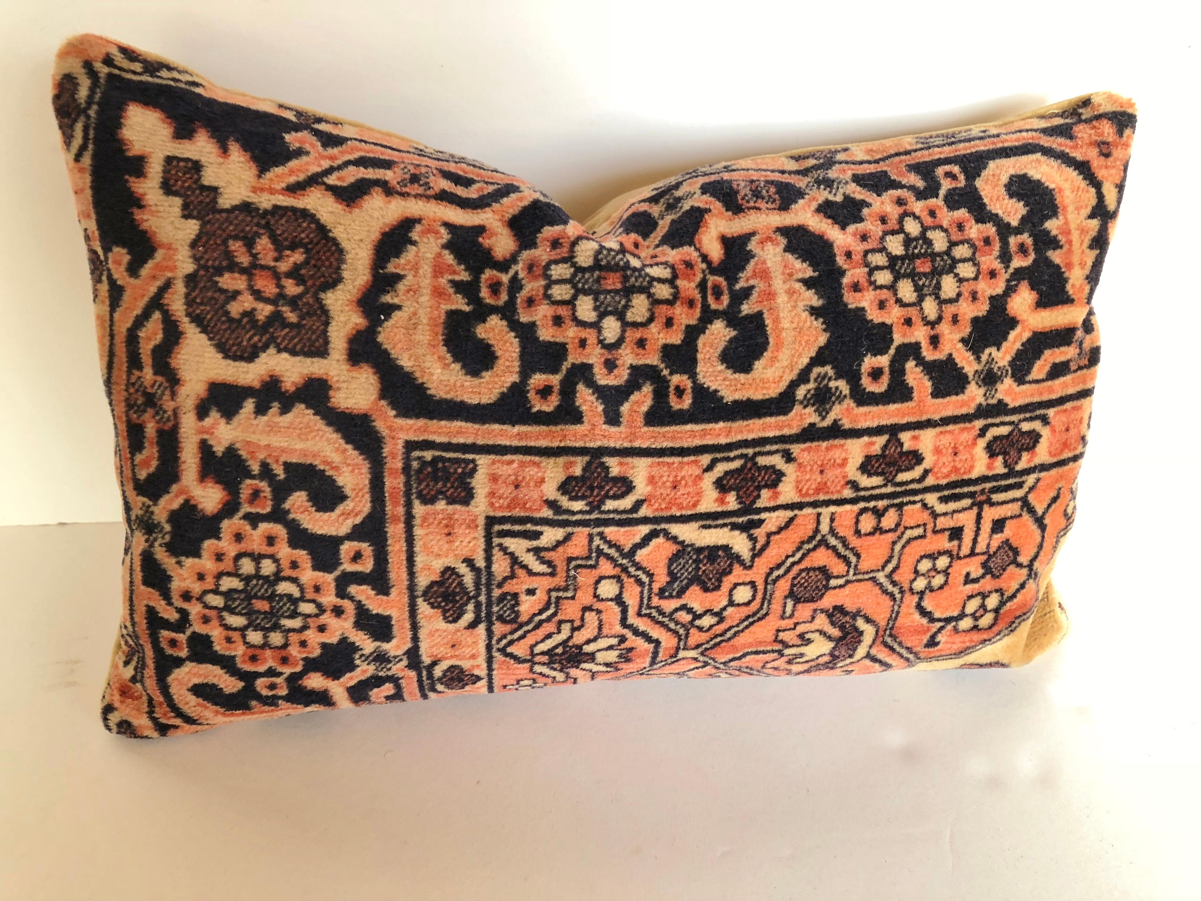 Custom pillows cut from an antique mohair textile from the Netherlands. Used as a table cover, it was meant to resemble an oriental rug and covered with a white linen cloth during meals. Pillows are backed in mohair, filled with inserts of 50/50