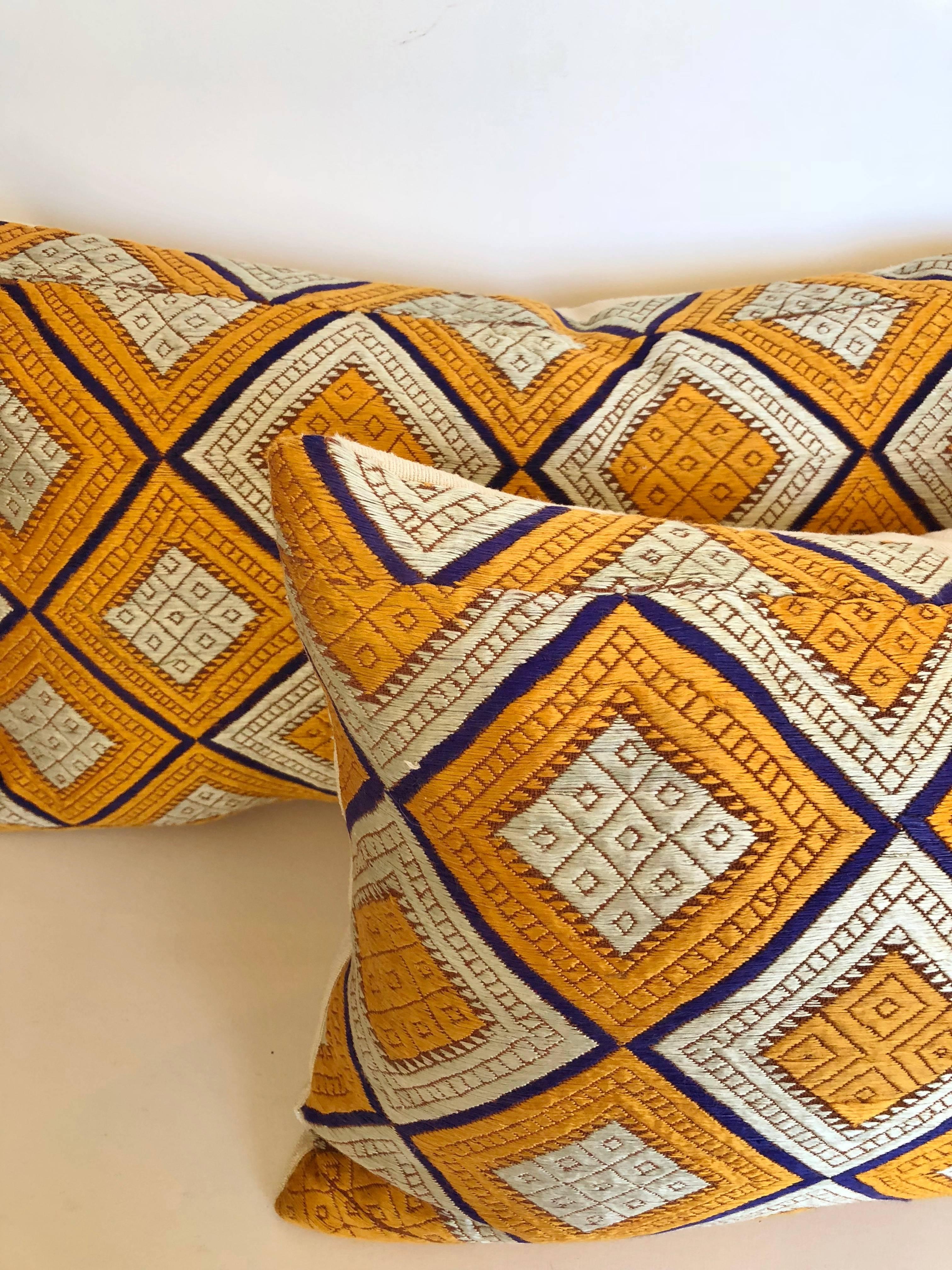 Embroidered Custom Pillows Cut from a Silk Phulkari Bagh Wedding Shawl, Punjab, India For Sale