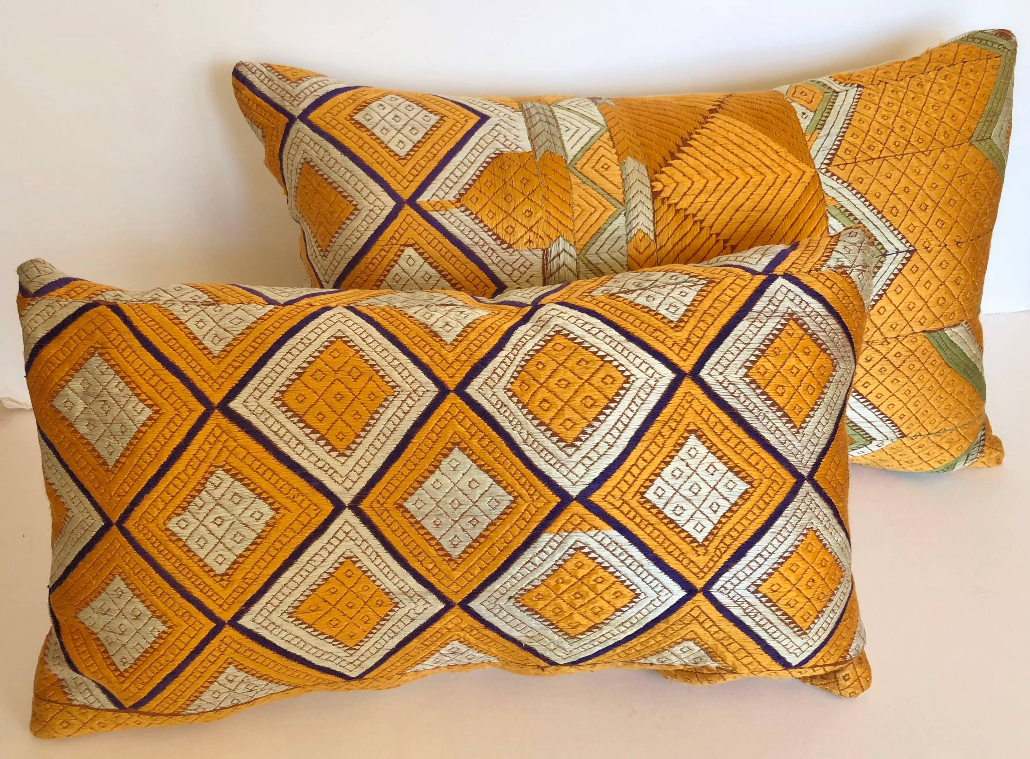 Custom Pillows Cut from a Silk Phulkari Bagh Wedding Shawl, Punjab, India For Sale 3