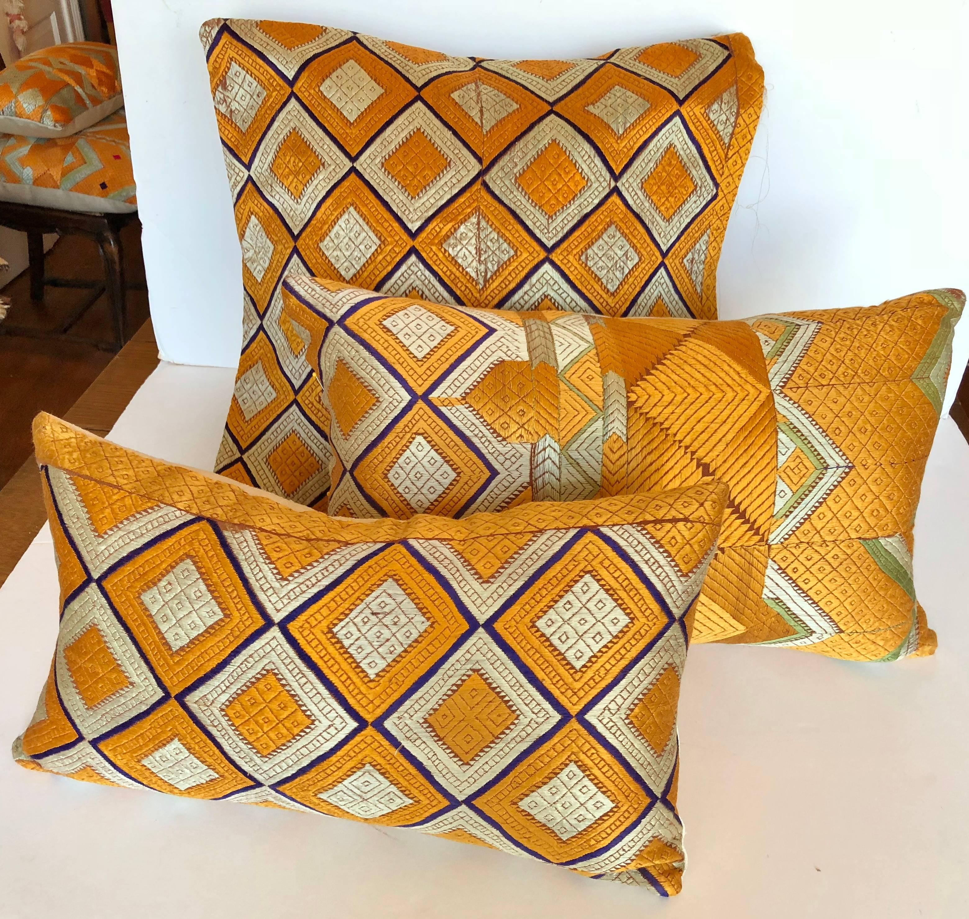 Custom Pillows Cut from a Silk Phulkari Bagh Wedding Shawl, Punjab, India For Sale 4