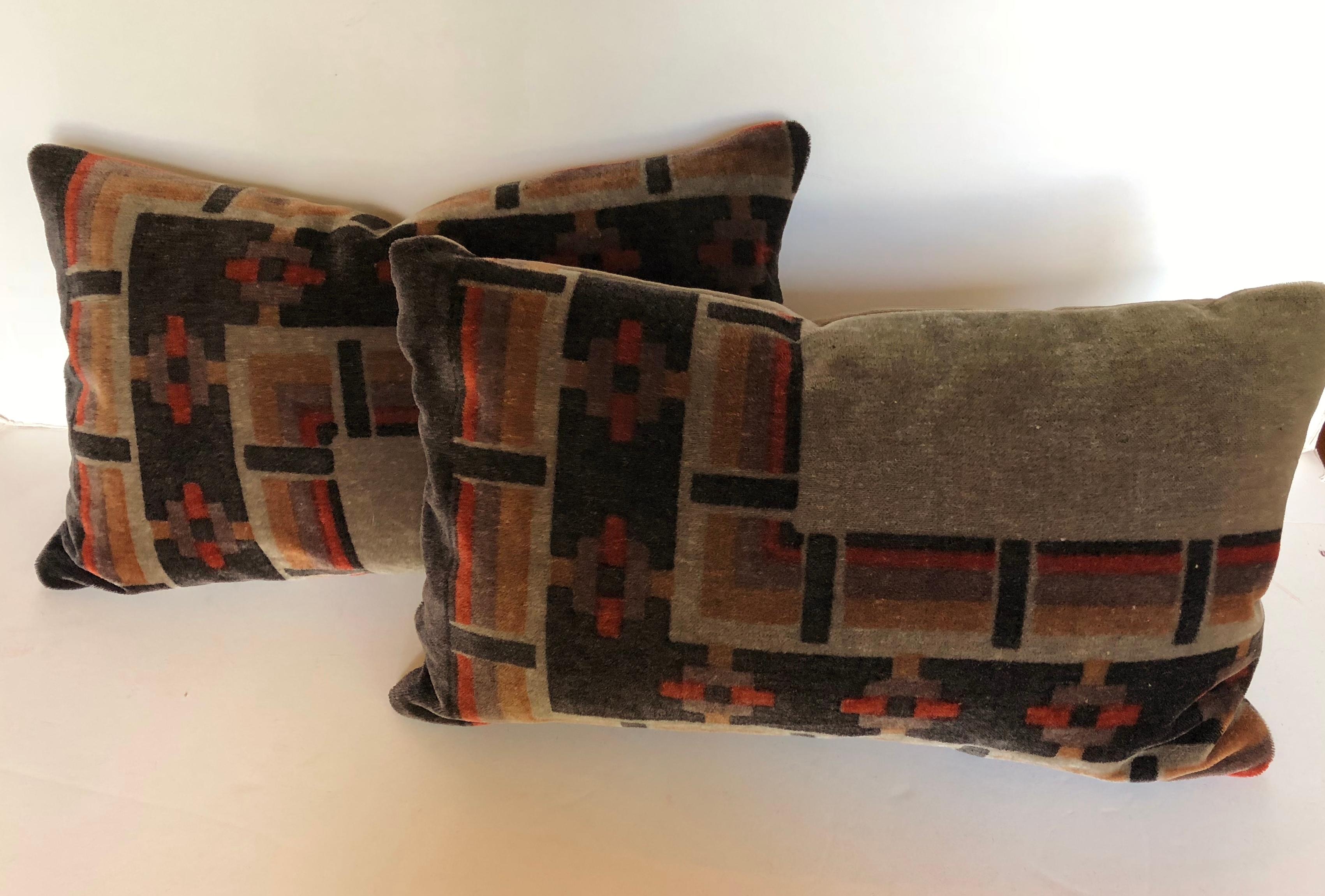 Custom pillows cut from a vintage Amsterdam School silk mohair textile, circa 1915-1927. Hand blocked with good color and very soft hand. Very rare textile.
Pillows are backed in velvet, filled with inserts of 50/50 down and feathers and hand sewn