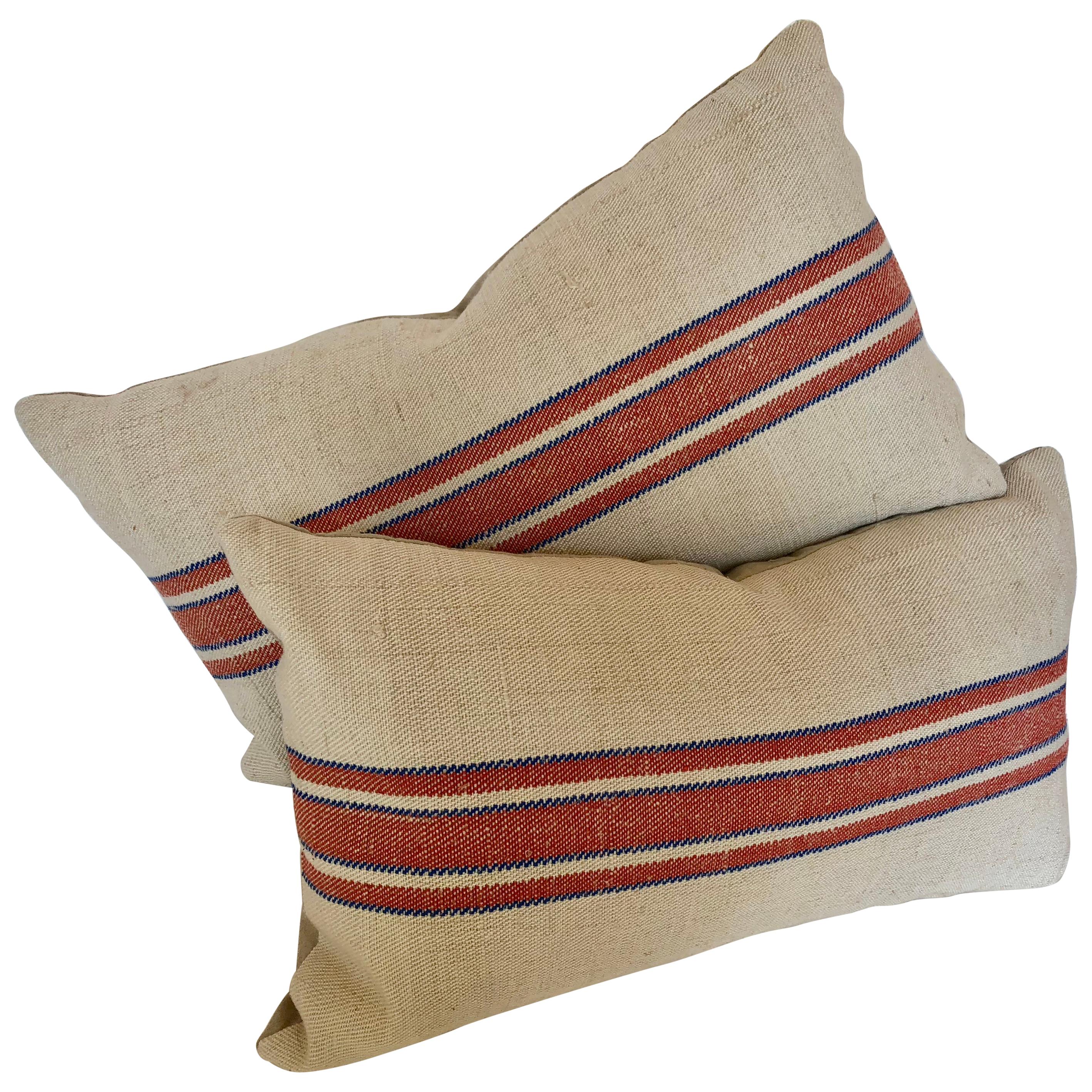 Custom Pillows Cut from a Vintage Handloomed Hemp and Linen German Grainsack For Sale