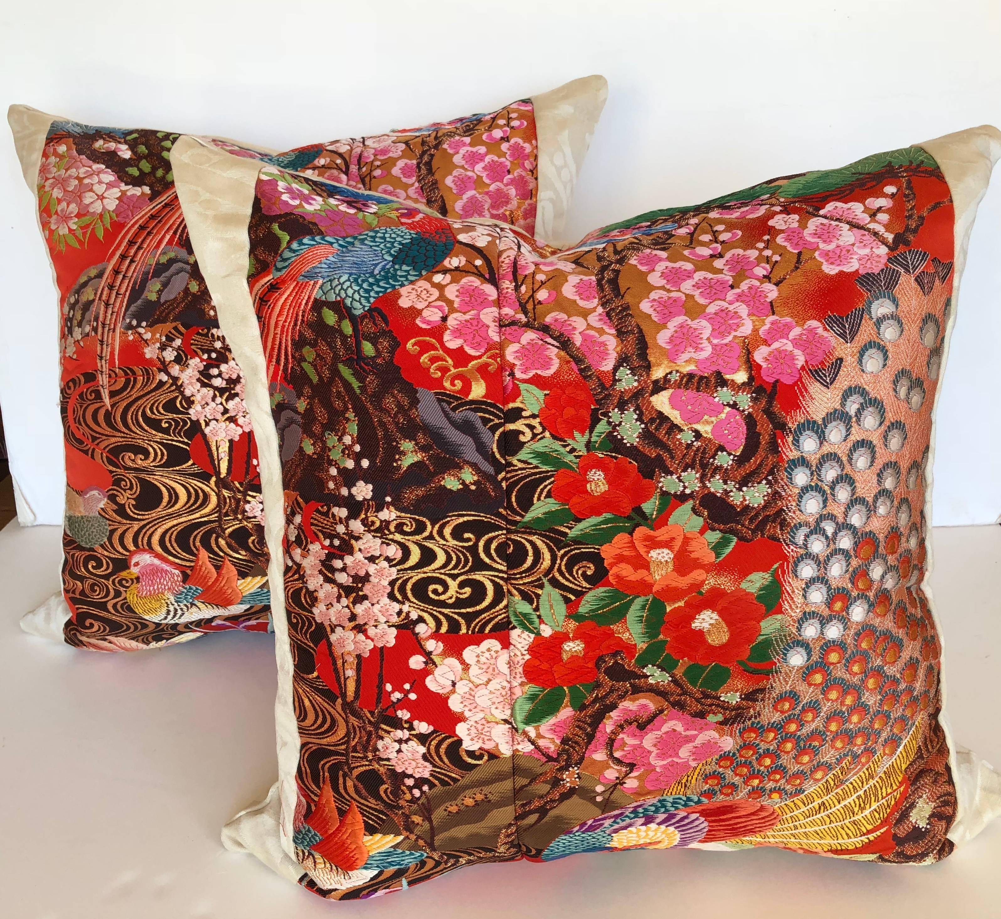 Custom Pillows Cut from a Vintage Japanese Silk Uchikake Wedding Kimono In Excellent Condition In Glen Ellyn, IL