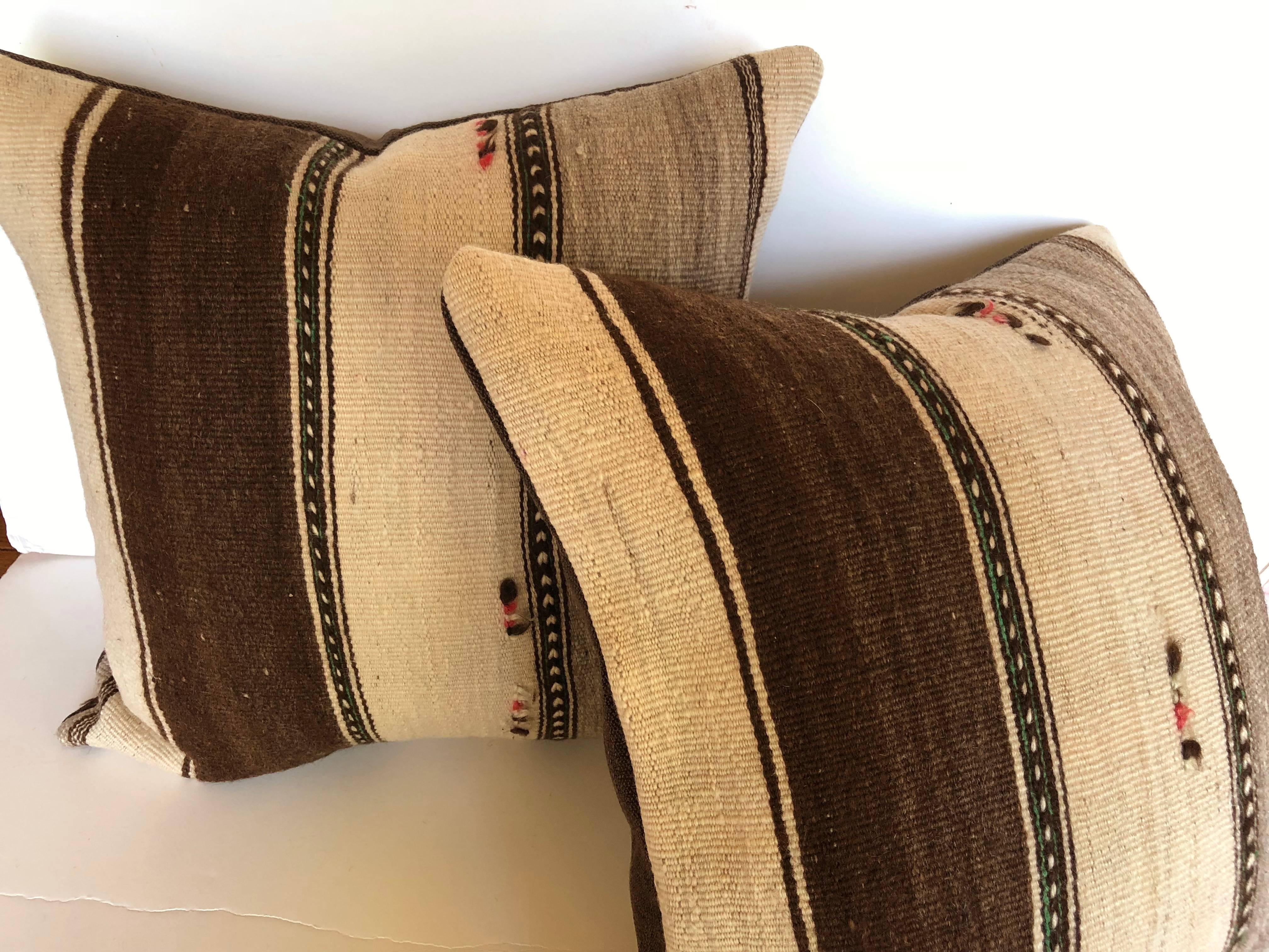 Hand-Woven Custom Pillows Cut from a Vintage Moroccan Wool Berber Rug, Atlas Mountains