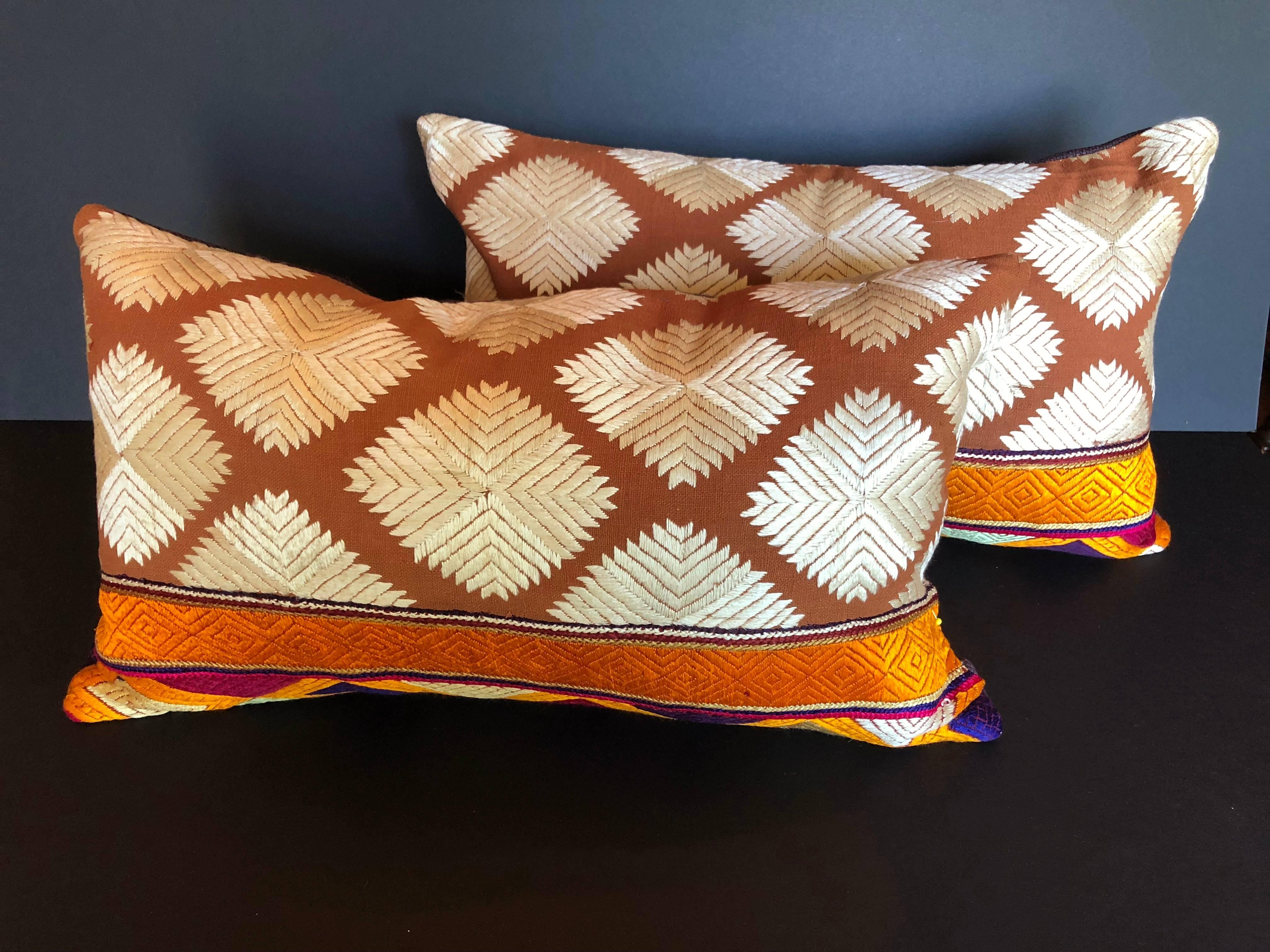 Custom Pillows Cut from a Vintage Silk Embroidered Phulkari Bagh, Punjab, India In Good Condition In Glen Ellyn, IL