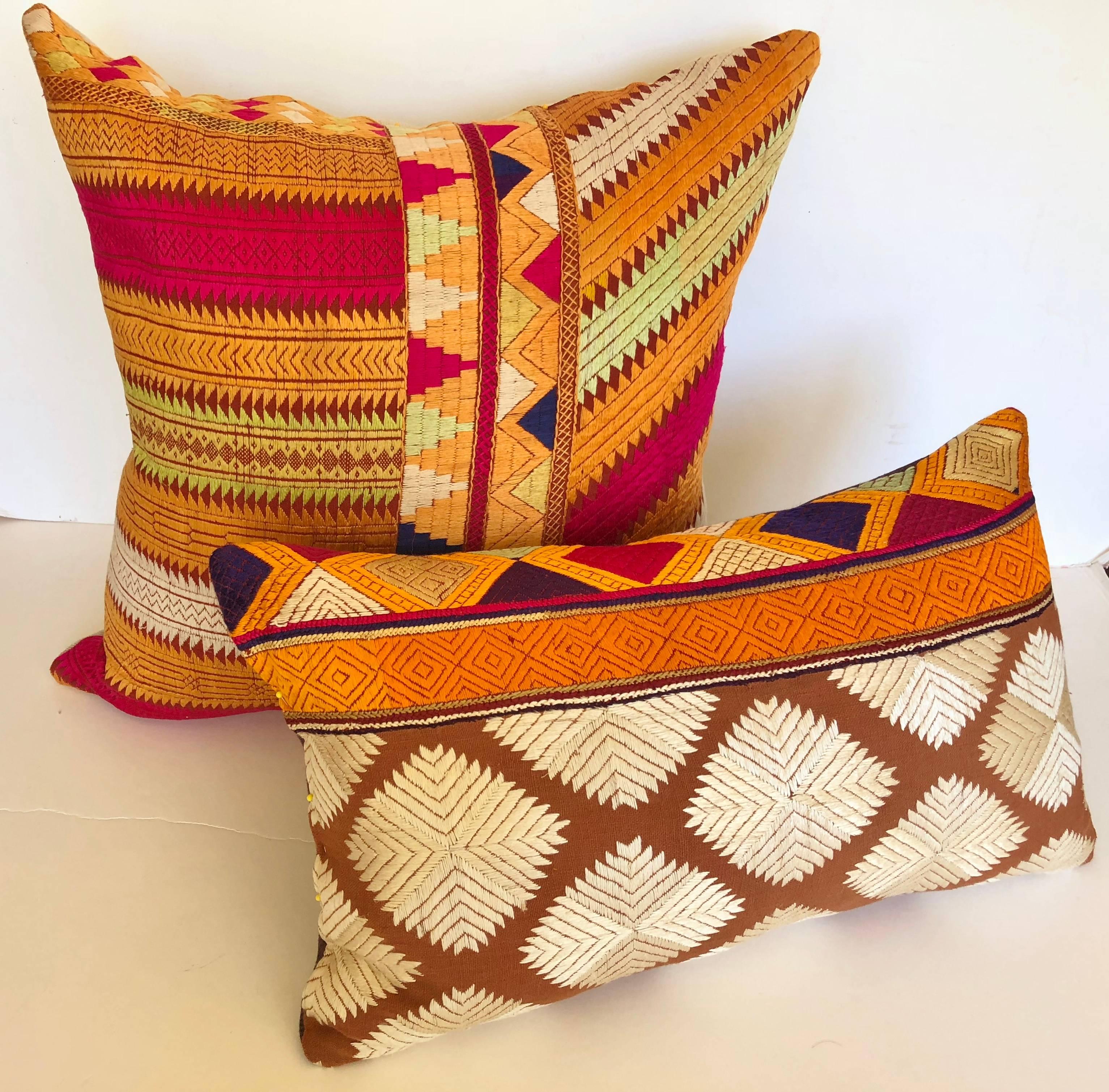 20th Century Custom Pillows Cut from a Vintage Silk Embroidered Phulkari Bagh, Punjab, India