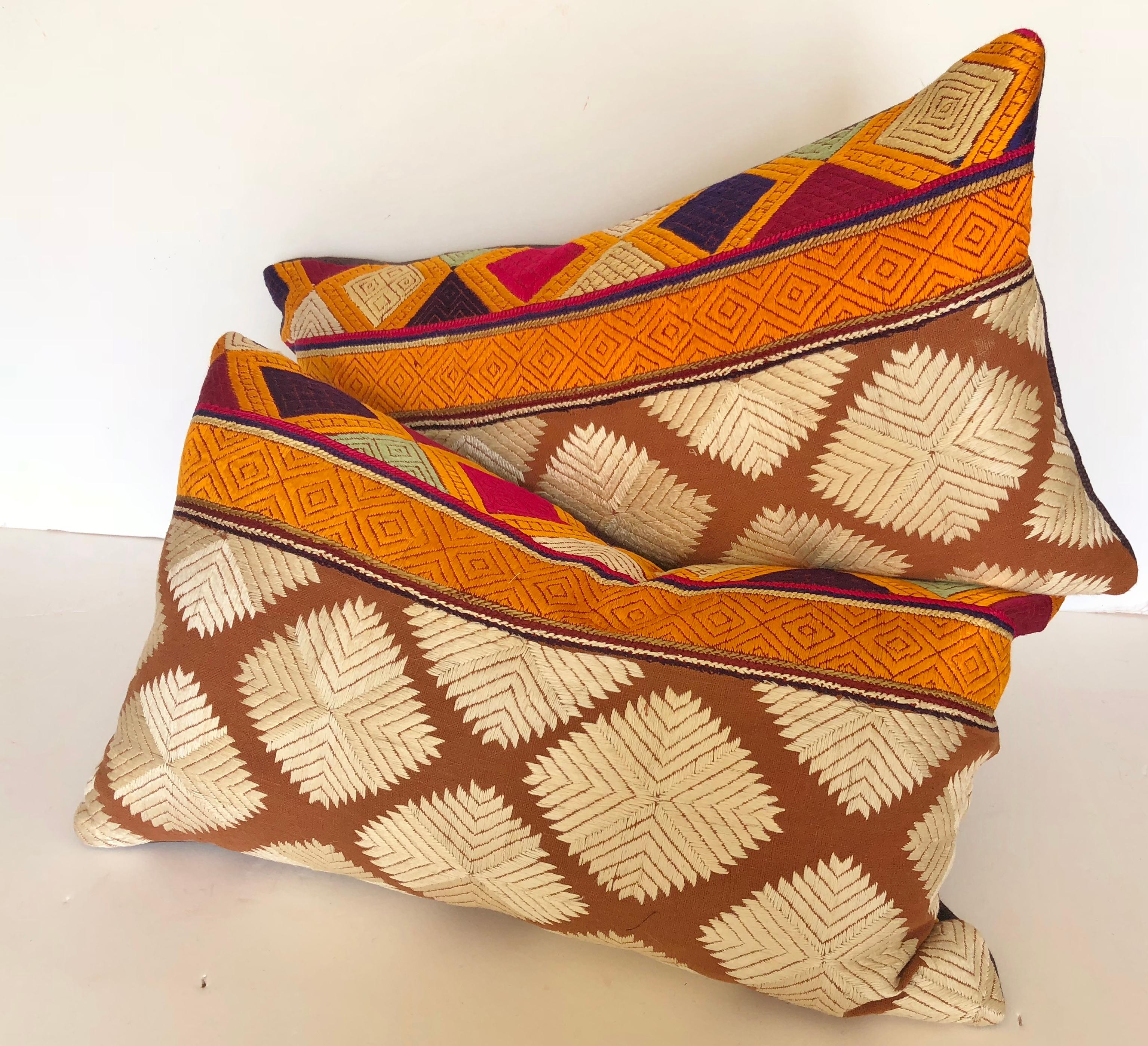 Cotton Custom Pillows Cut from a Vintage Silk Embroidered Phulkari Bagh, Punjab, India