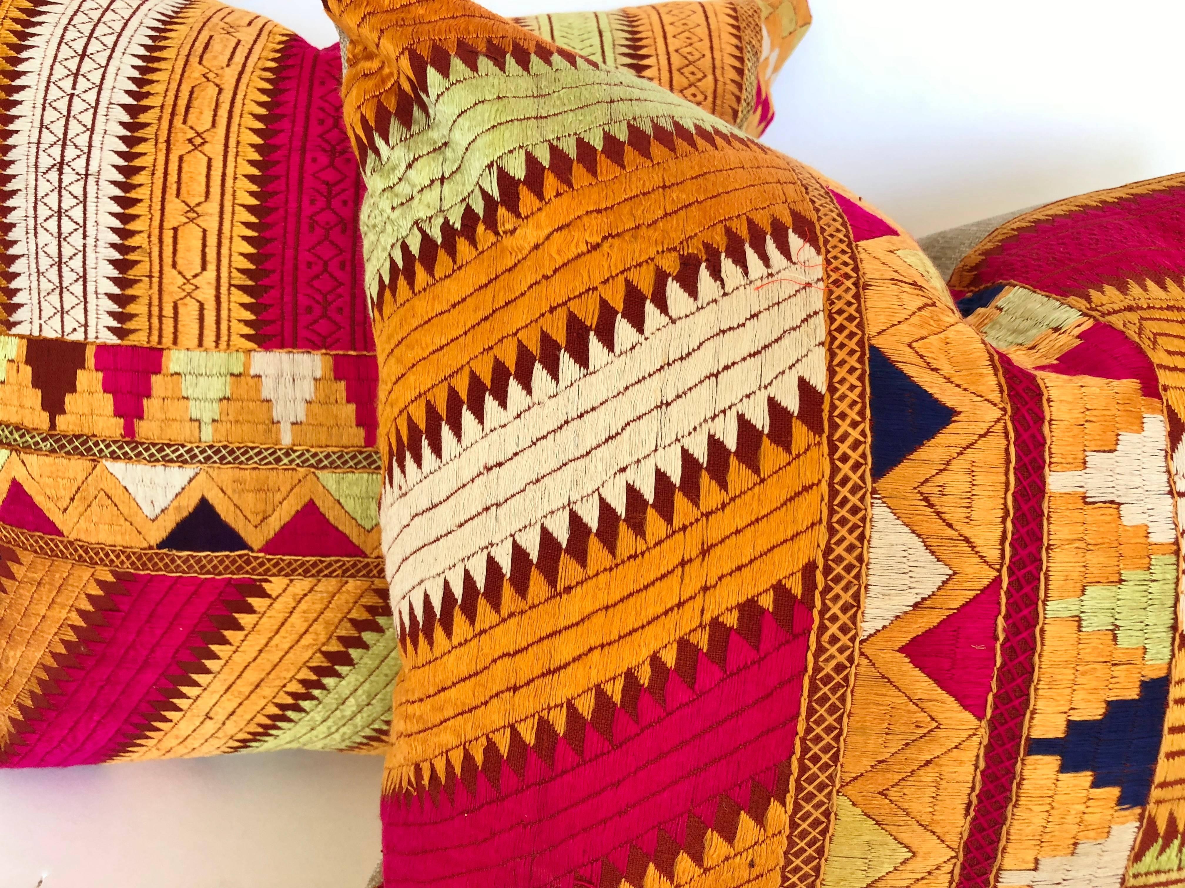 Indian Custom Pillows by Maison Suzanne Cut from a Vintage Silk Embroidered Phulkari