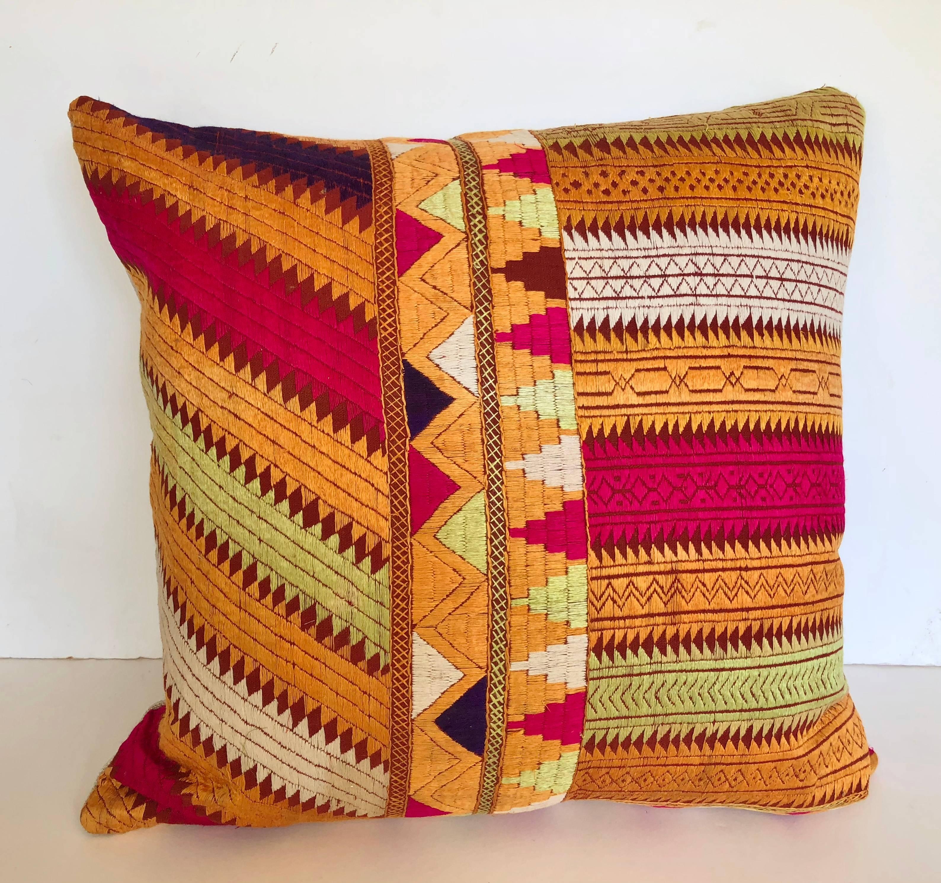 20th Century Custom Pillows by Maison Suzanne Cut from a Vintage Silk Embroidered Phulkari