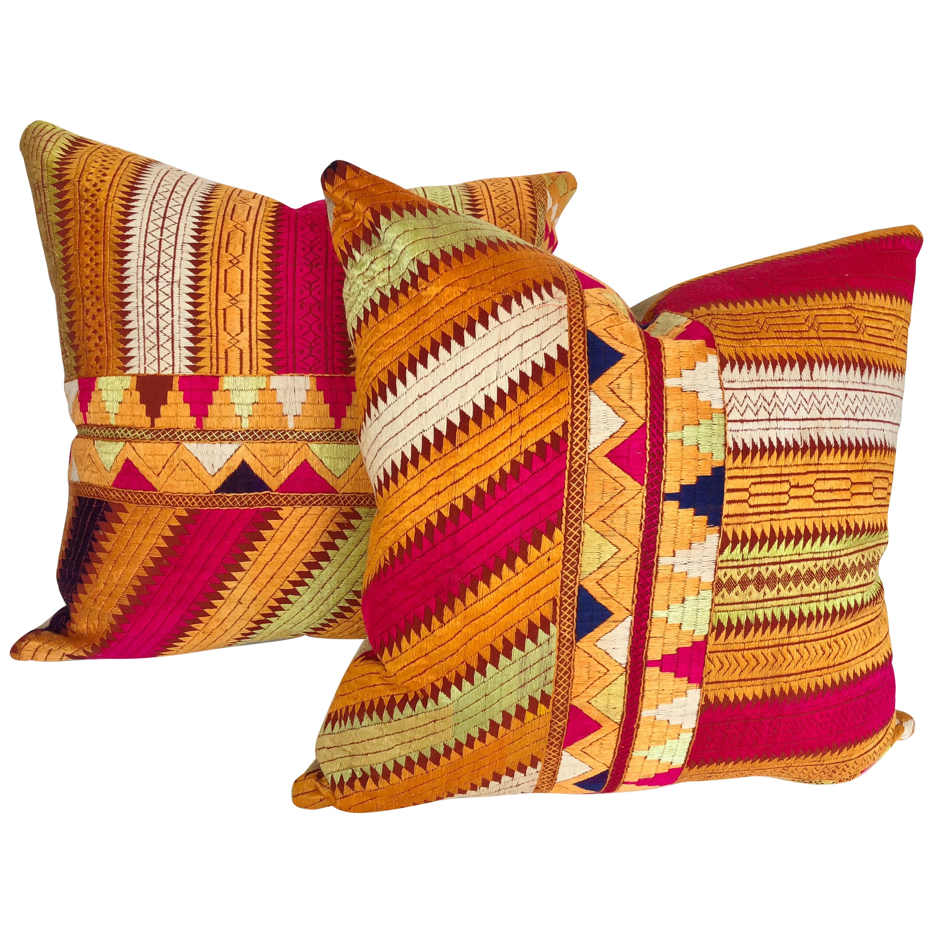 Custom Pillows by Maison Suzanne Cut from a Vintage Silk Embroidered Phulkari