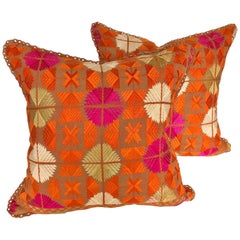 Custom Pillows Cut from a Vintage Silk Embroidered Phulkari Wedding Shawl, India