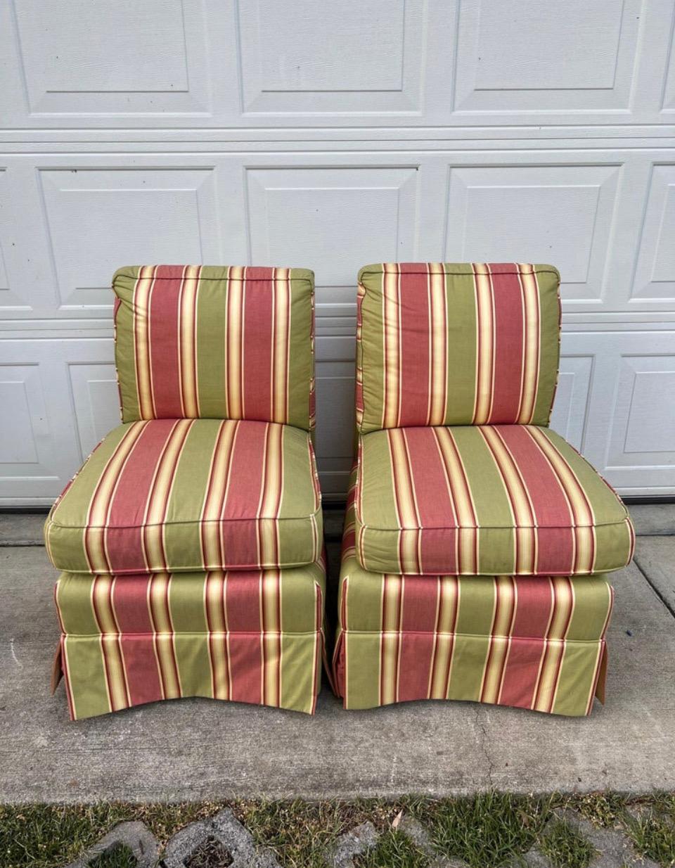 Custom Made Calico corners slipper chairs with down cushions
Happy colors that would brighten any room or reupholster in your favorite fabric 
Chairs are extremely comfortable and high quality.