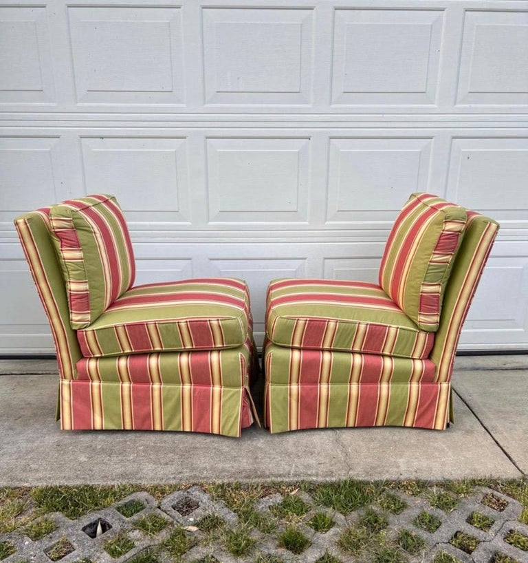 Custom Pink Striped Slipper Chairs by Calico CornersA Pair For Sale at