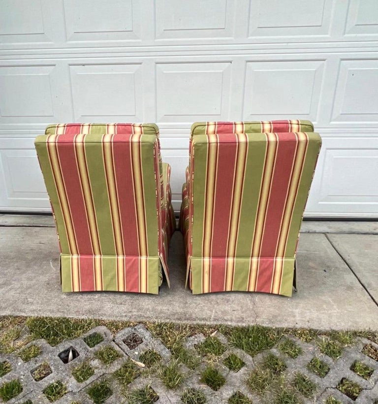 Custom Pink Striped Slipper Chairs by Calico CornersA Pair For Sale at