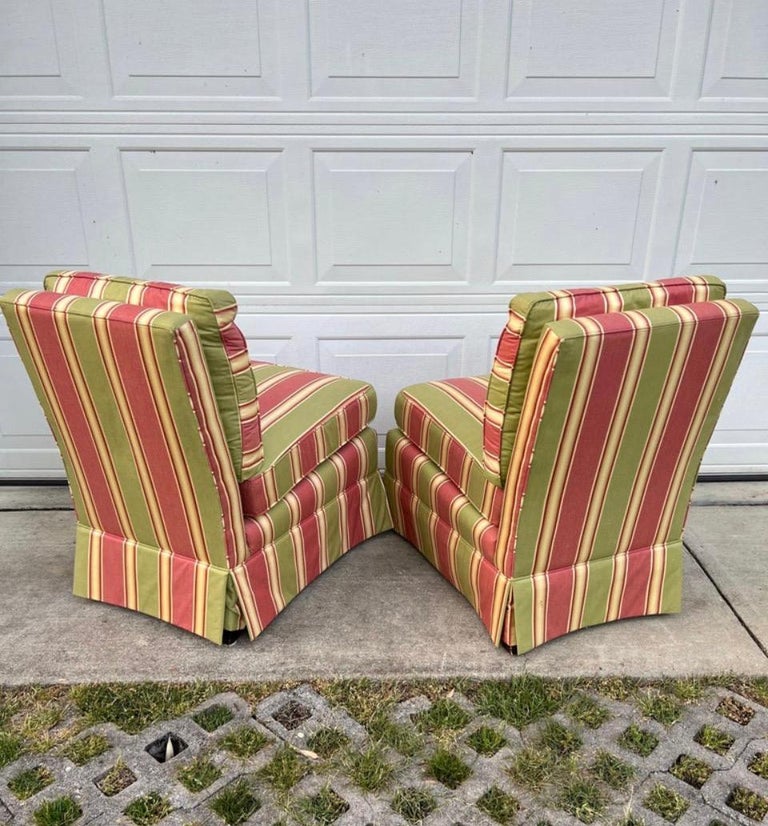 Custom Pink Striped Slipper Chairs by Calico CornersA Pair For Sale at