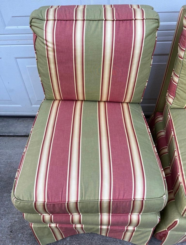 Custom Pink Striped Slipper Chairs by Calico CornersA Pair For Sale at