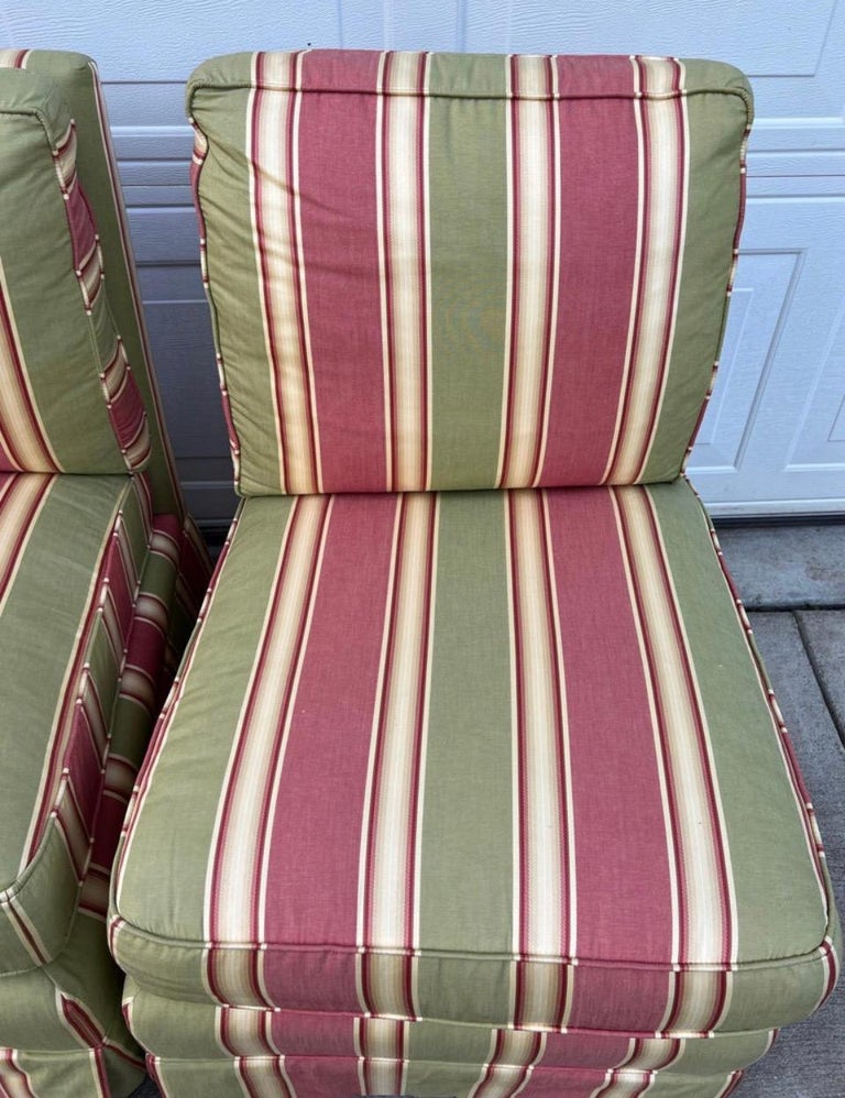 Custom Pink Striped Slipper Chairs by Calico CornersA Pair For Sale at