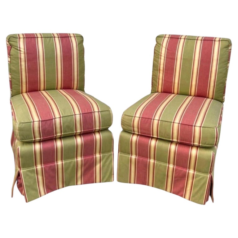 Custom Pink Striped Slipper Chairs by Calico CornersA Pair For Sale at