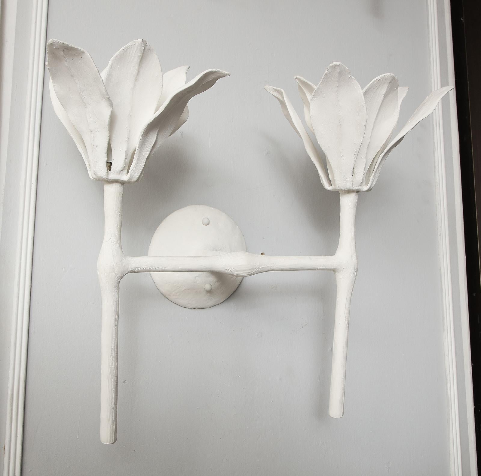 Custom Pair of Plaster Fleur Sconces For Sale 4