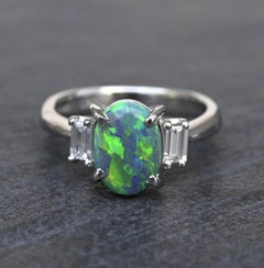 Custom Platinum 1.20ct Black Opal & Baguette Diamond Three-Stone Ring