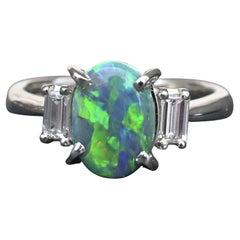 Custom Platinum 1.20ct Black Opal & Baguette Diamond Three-Stone Ring